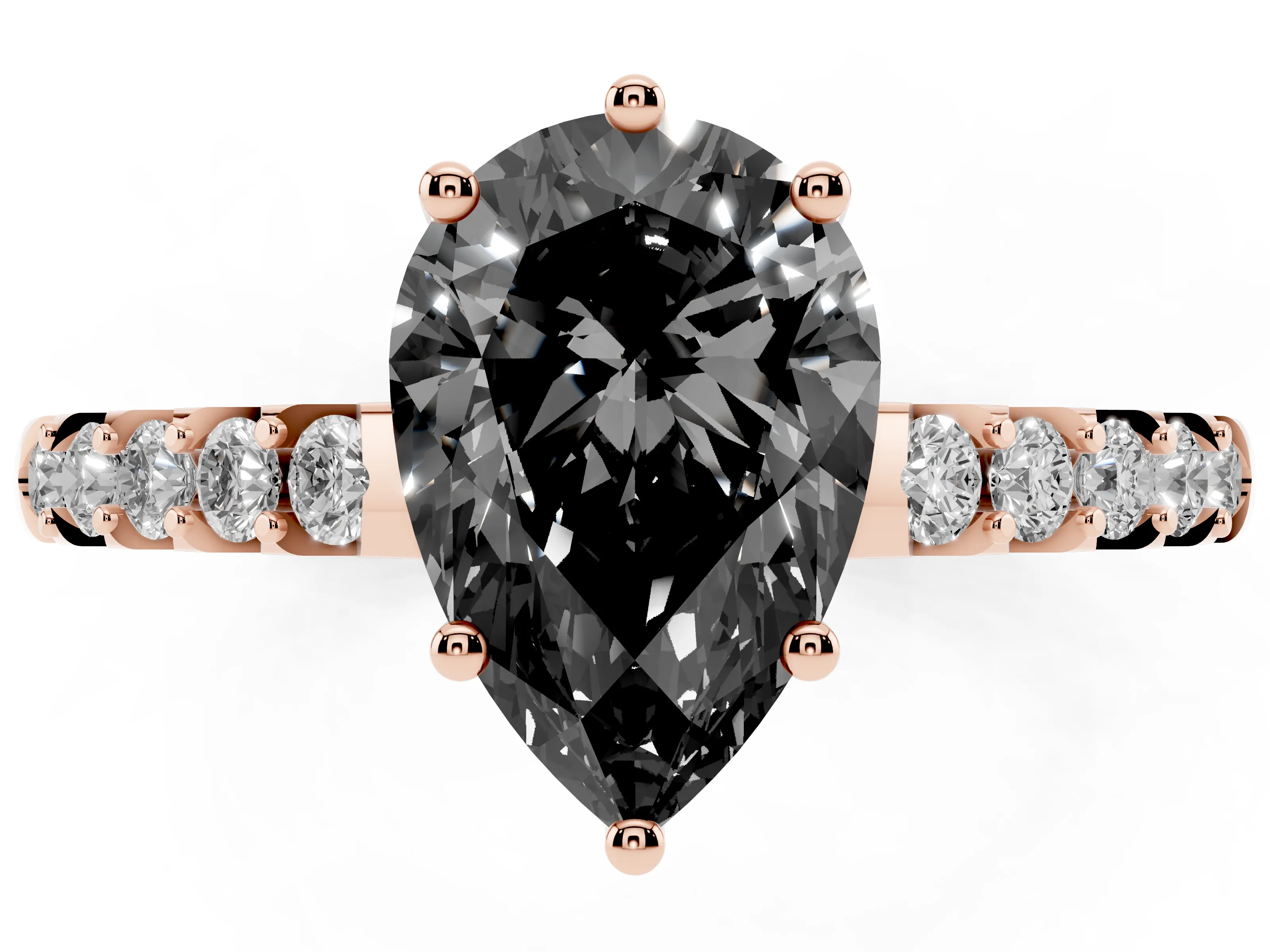 Fancy Black Pear Cut Diamond Solitaire Engagement Ring Set in Rose gold with Pavé Band and Prong Setting