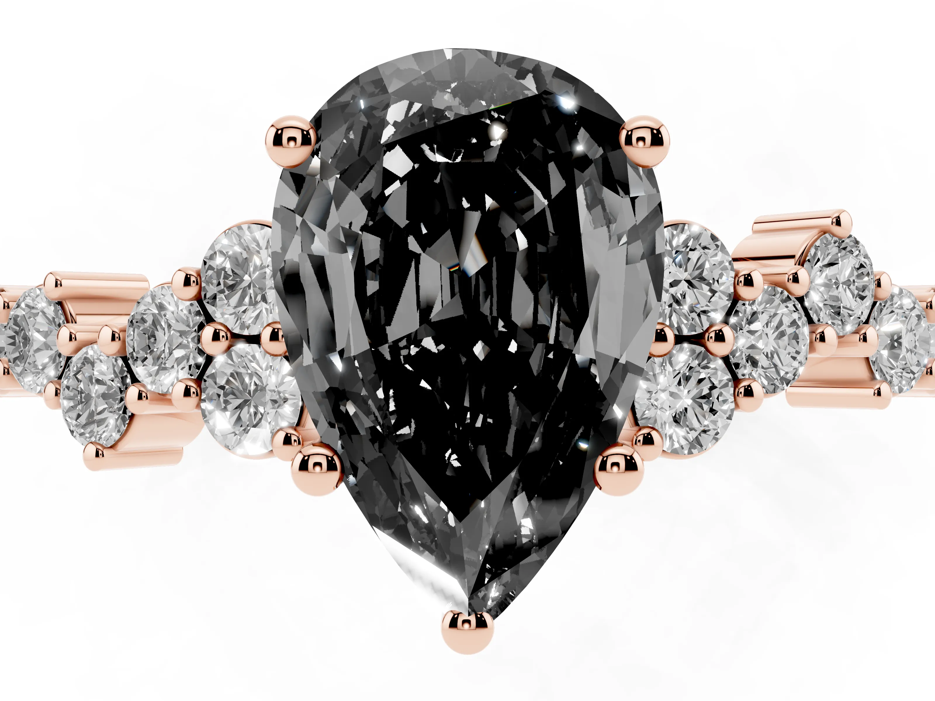 Fancy Black Pear Cut Diamond Ring Set in Rose gold with Scattered Round Accents
