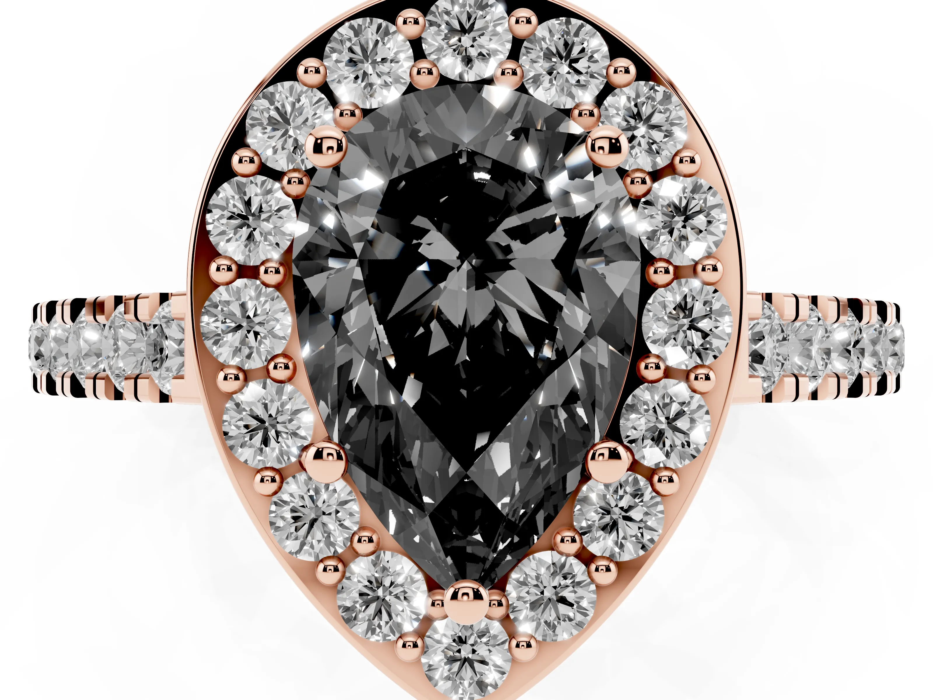 Fancy Black Pear Cut Diamond Halo Ring Set in Rose gold with Round Pavé Split Shank and Prong Setting