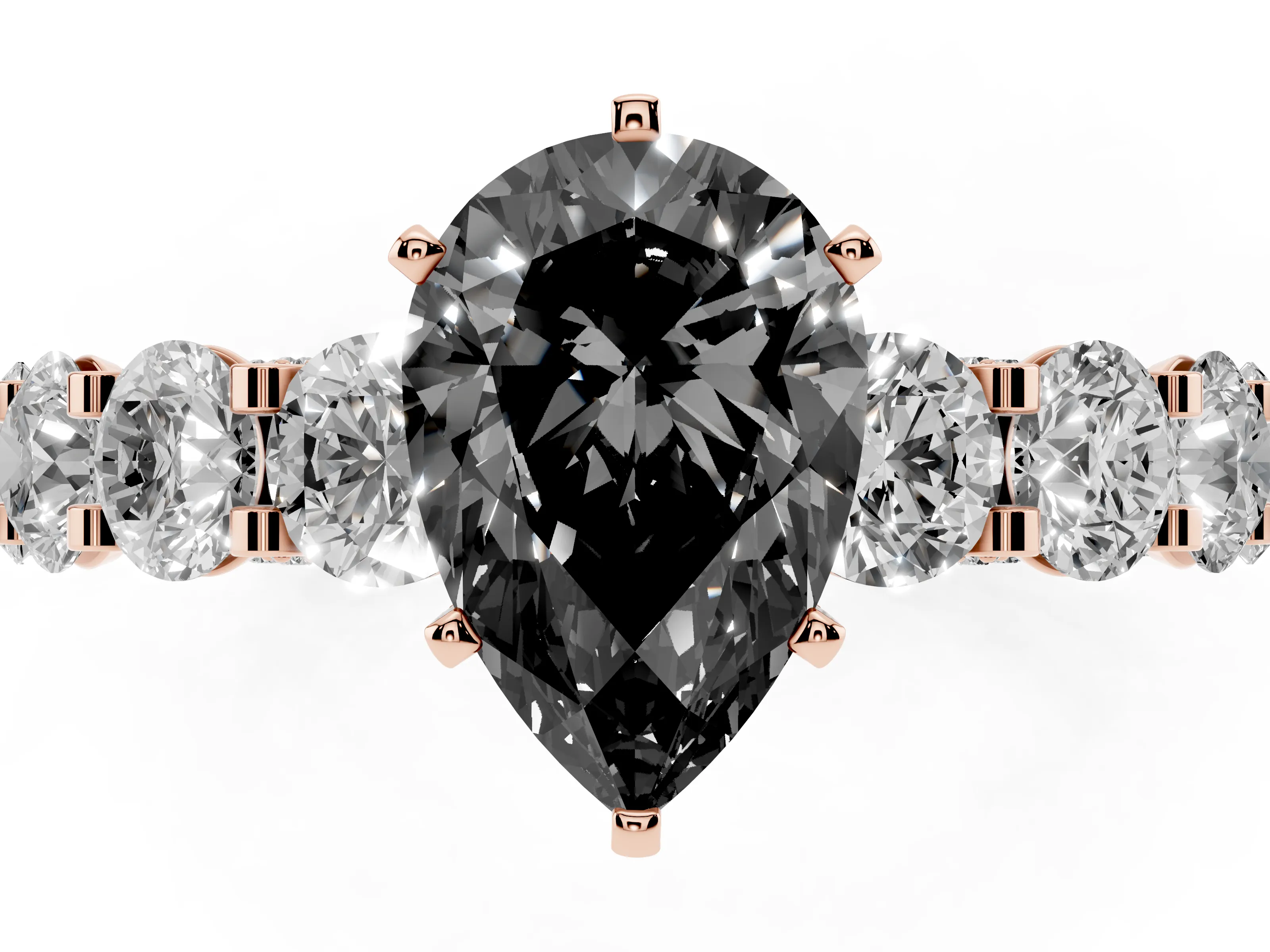 Fancy Black Pear Cut Diamond Side Stone Ring Set in Rose gold with Alternating Round and Oval Side Stones