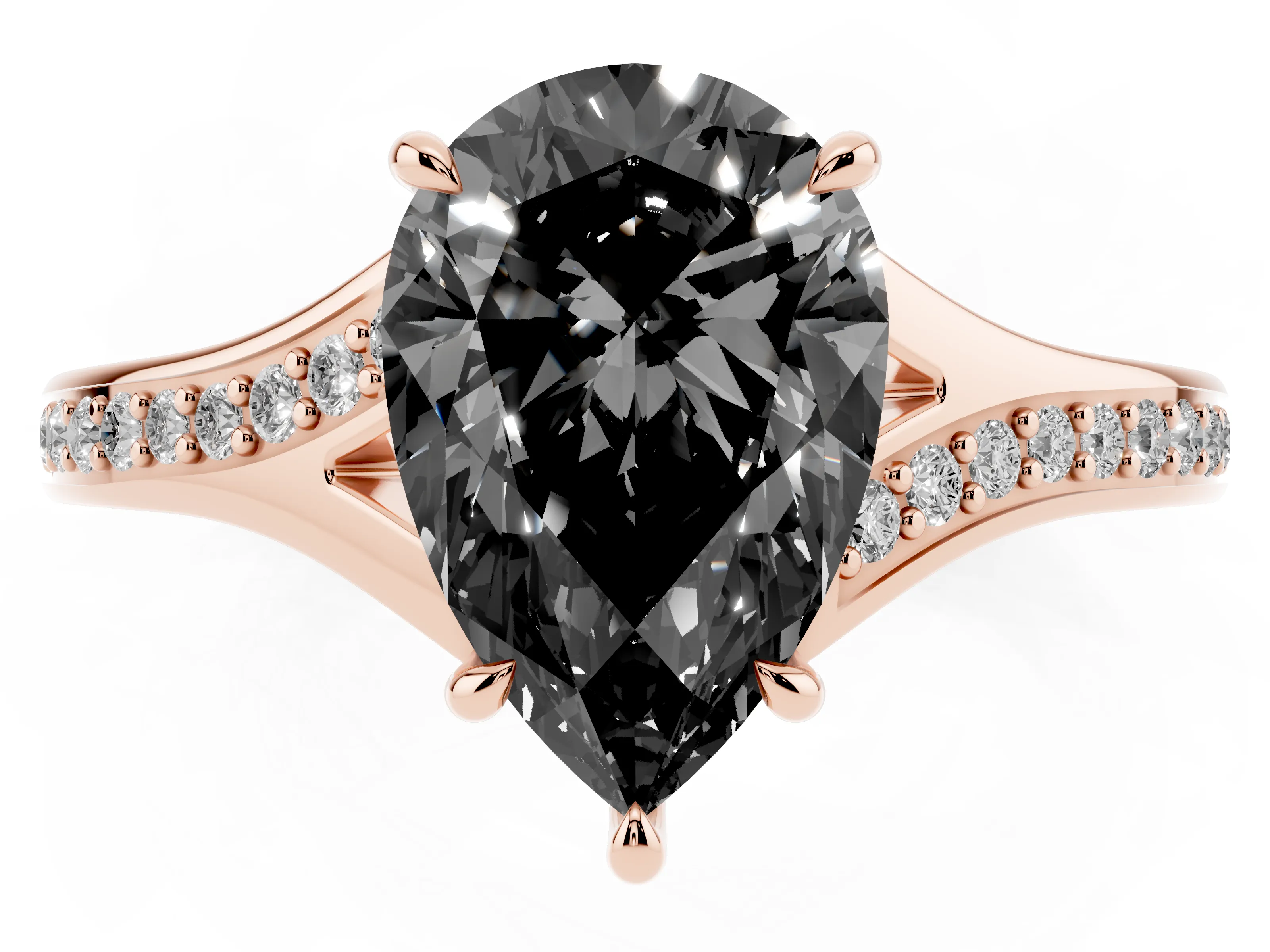 Fancy Black Pear Cut Diamond Solitaire Ring Set in Rose gold with Pavé Accent Band and Classic Prong Setting