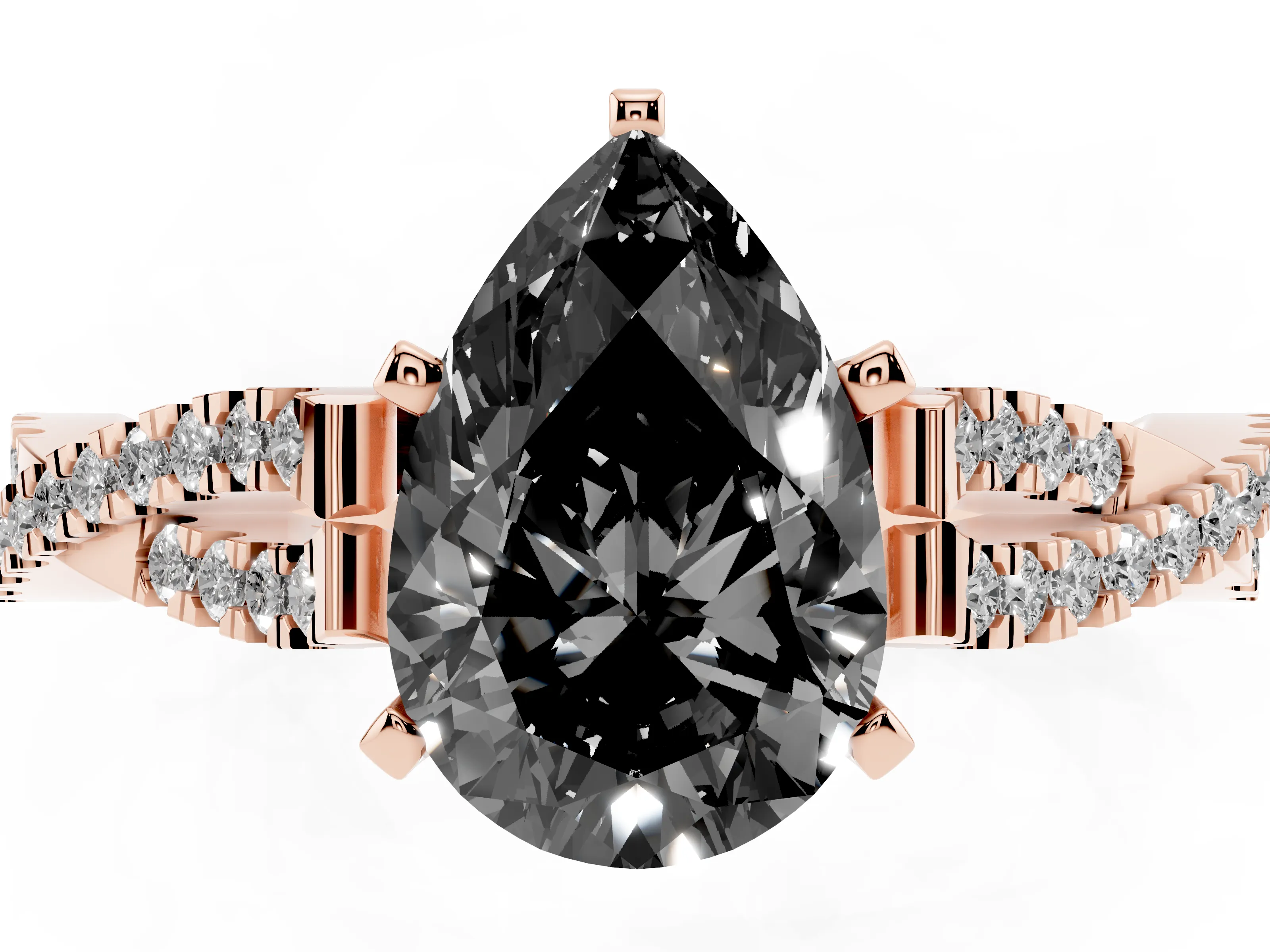 Fancy Black Pear Cut Diamond Solitaire Engagement Ring Set in Rose gold with Twisted Pavé Band and Prong Setting