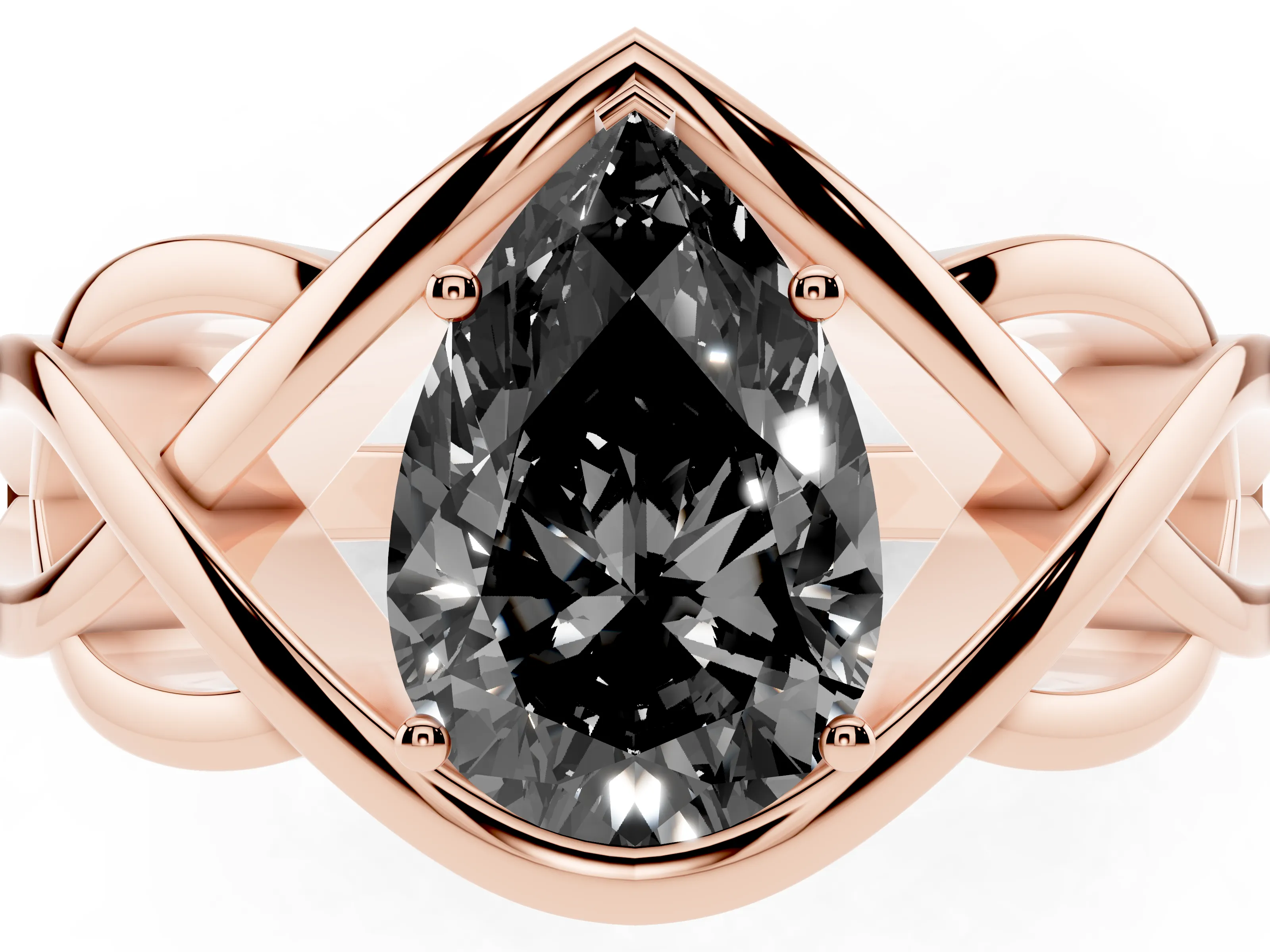 Fancy Black Pear Cut Diamond Solitaire Ring Set in Rose gold with Intertwined Band