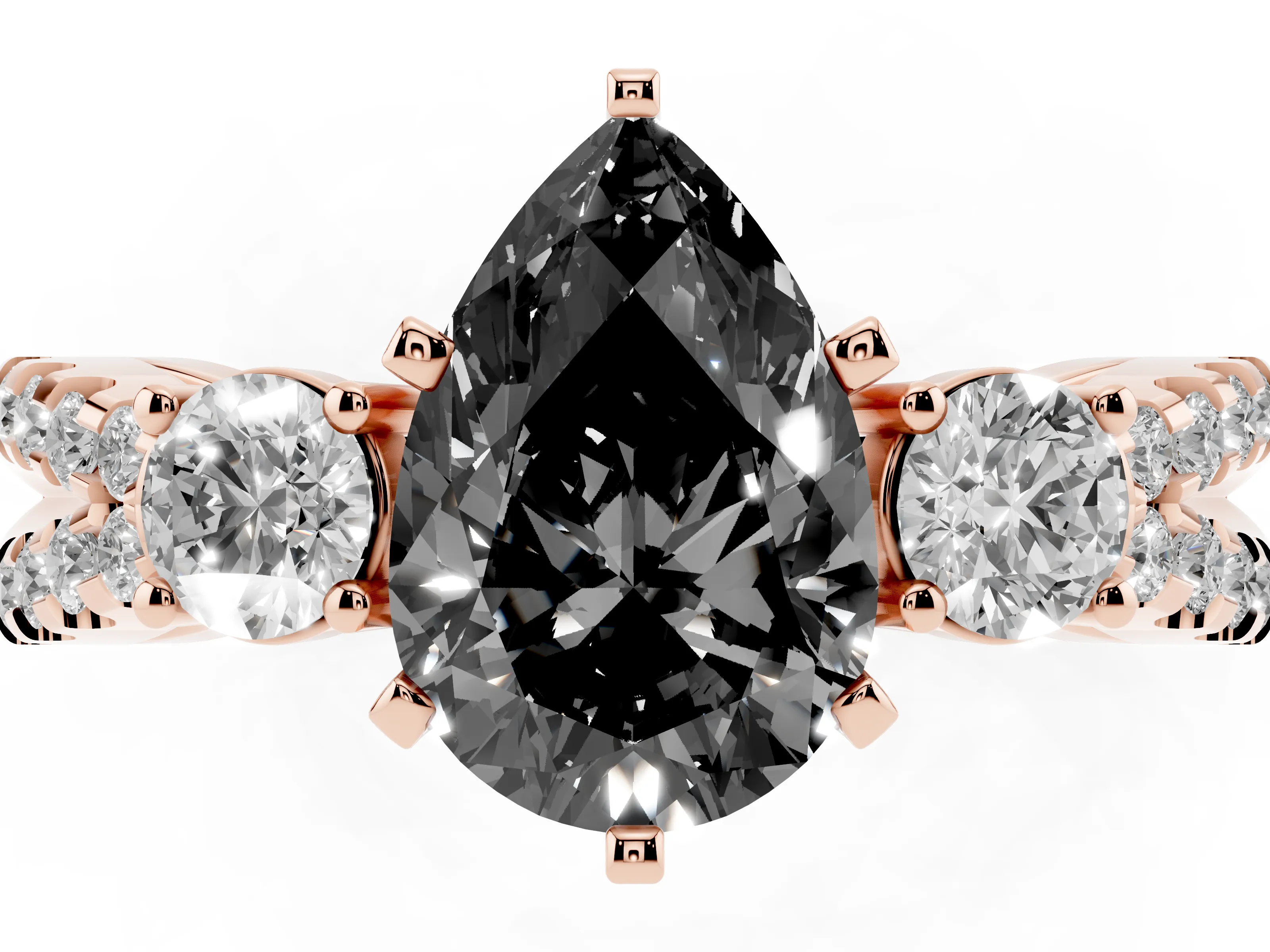 Fancy Black Pear Cut Diamond Three-Stone Ring Set in Rose gold with Pavé Split Shank and Prong Setting