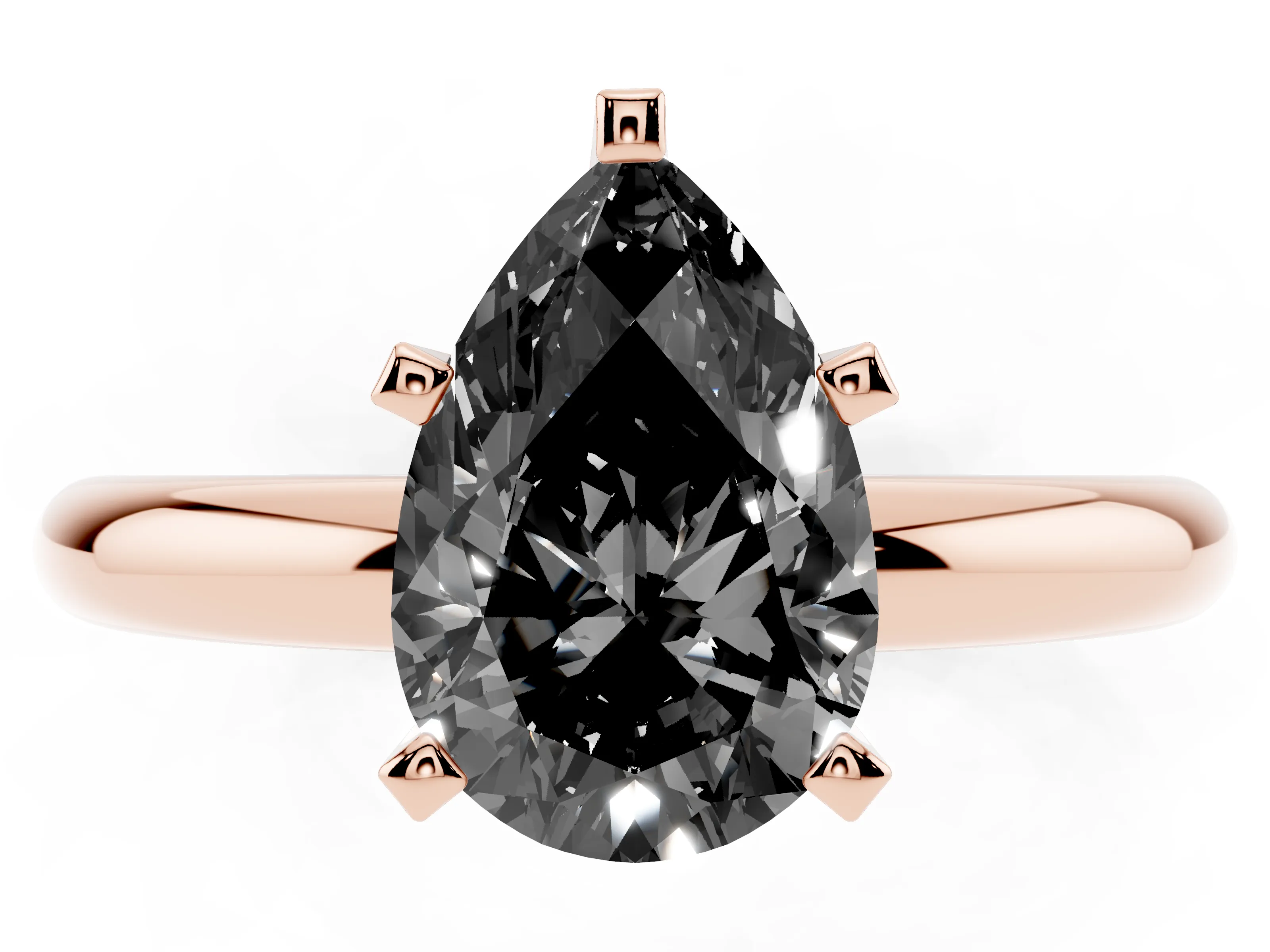 Fancy Black Pear Cut Diamond Solitaire Engagement Ring Set in Rose gold with Round Band and Prong Setting