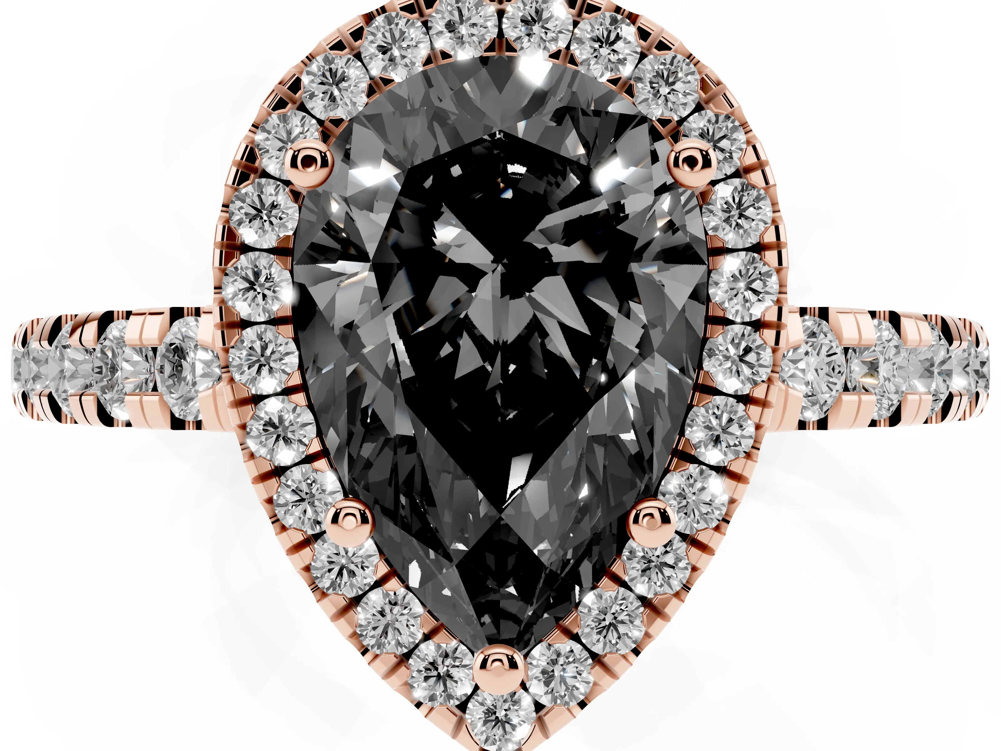Fancy Black Pear Cut Diamond Halo Ring Set in Rose gold with Delicate Pavé Band and Prong Setting