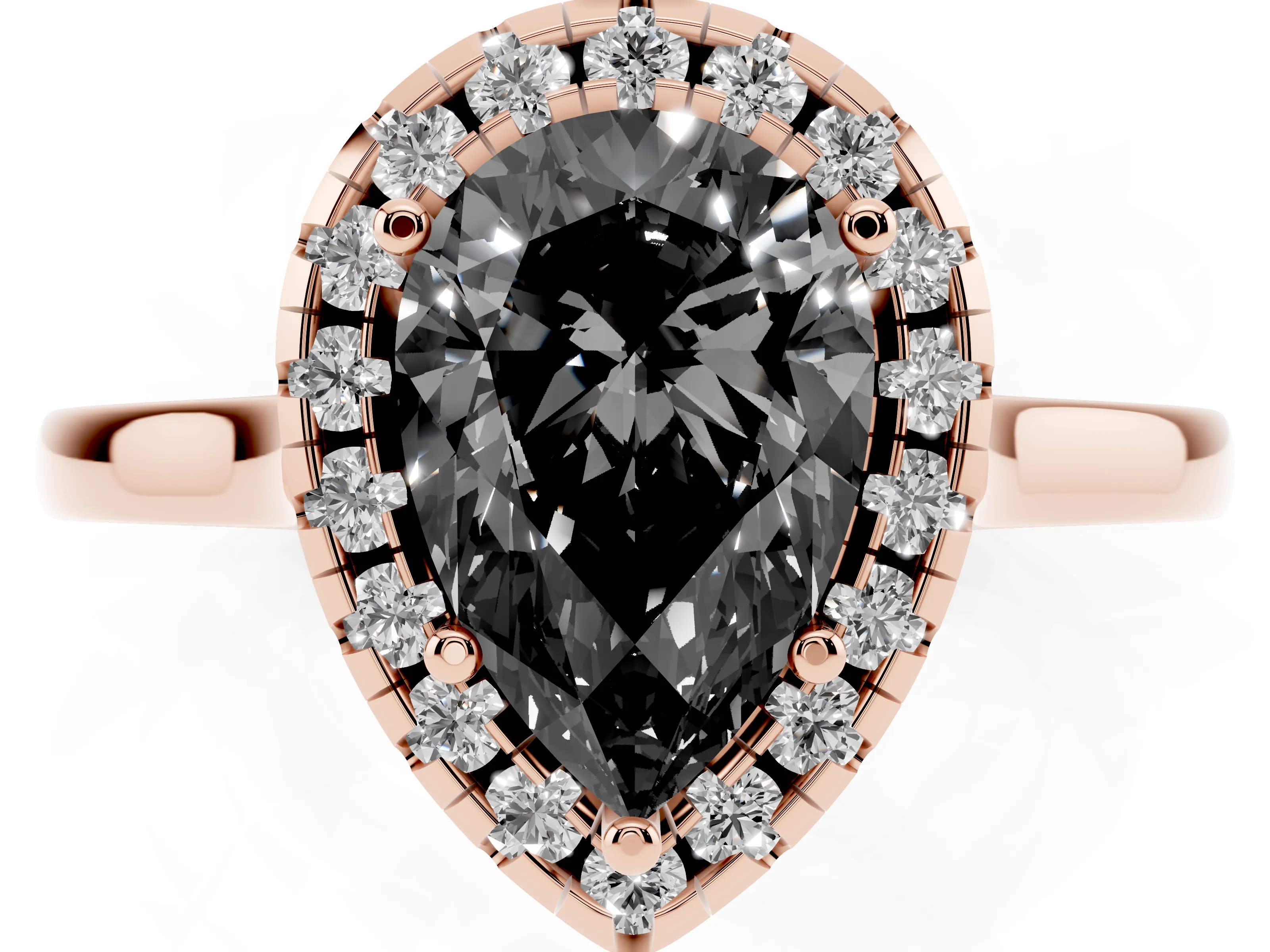 Fancy Black Pear Cut Halo Round Diamond Solitaire Ring Set in Rose gold with Pavé Band and Prong Setting