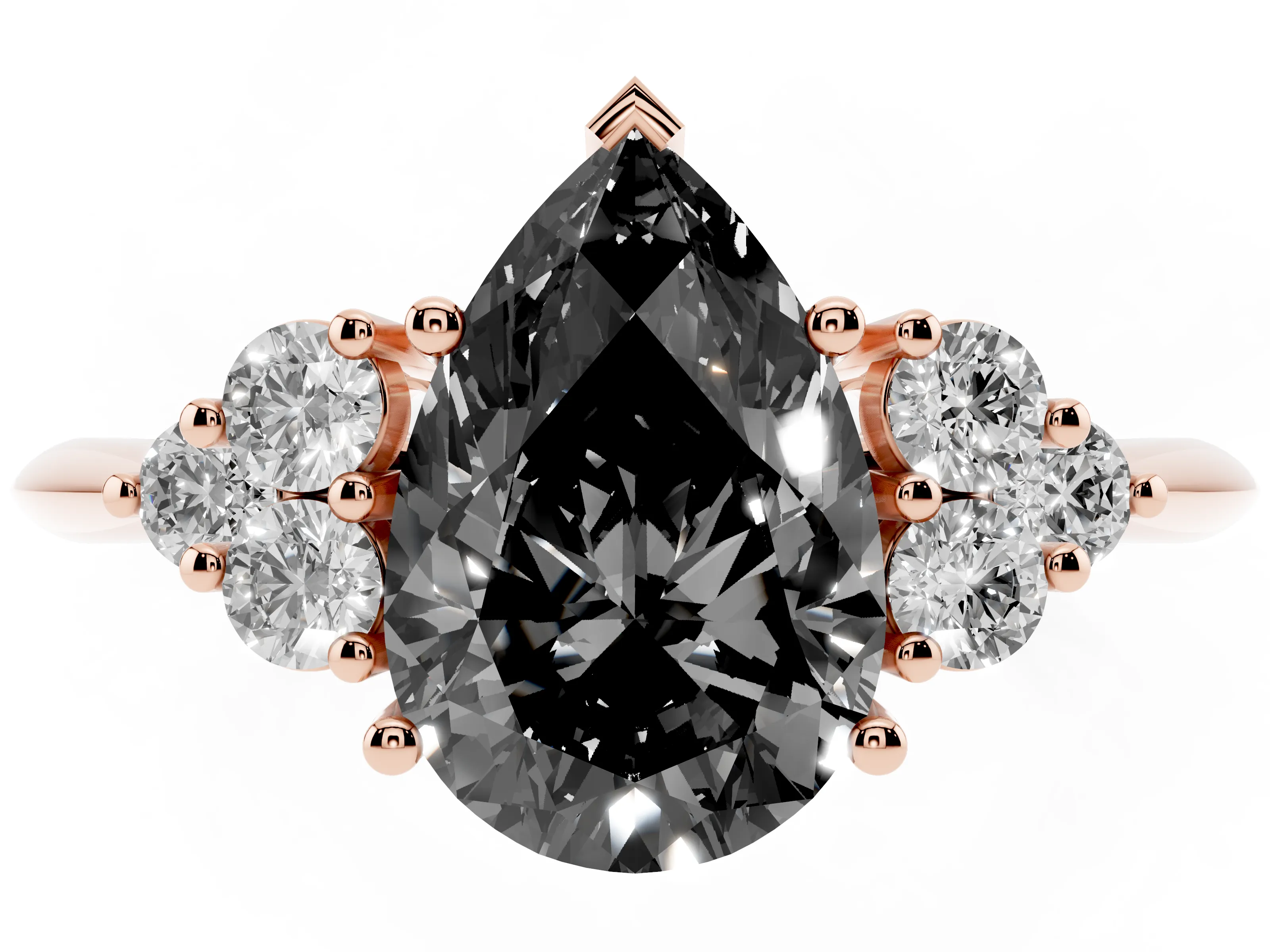 Fancy Black Pear Cut Diamond Cluster Ring Set in Rose gold with Plain Band and Prong Setting