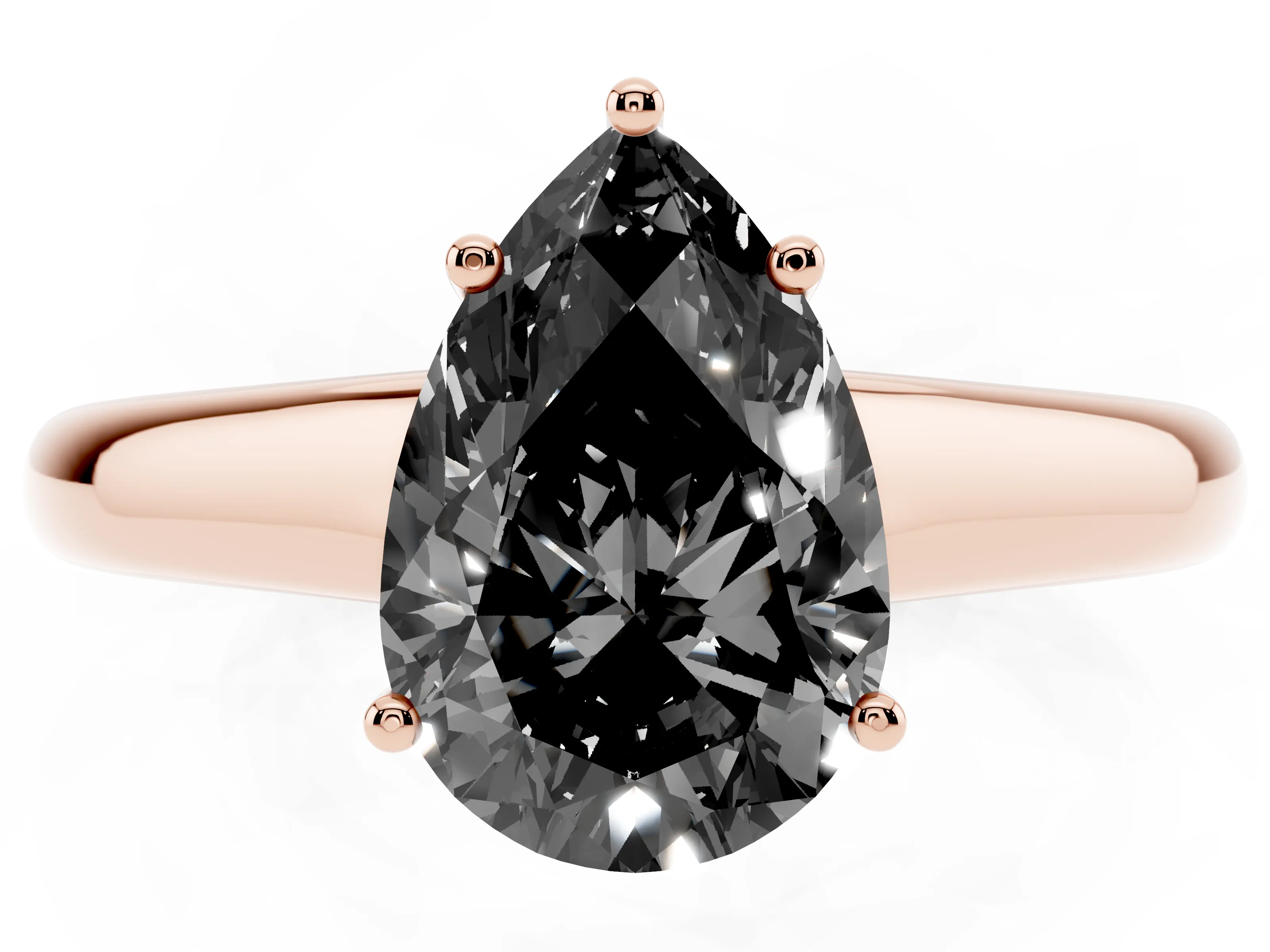 Fancy Black Pear Cut Diamond Solitaire Engagement Ring Set in Rose gold with Subtly Tapered Band and Prong Setting