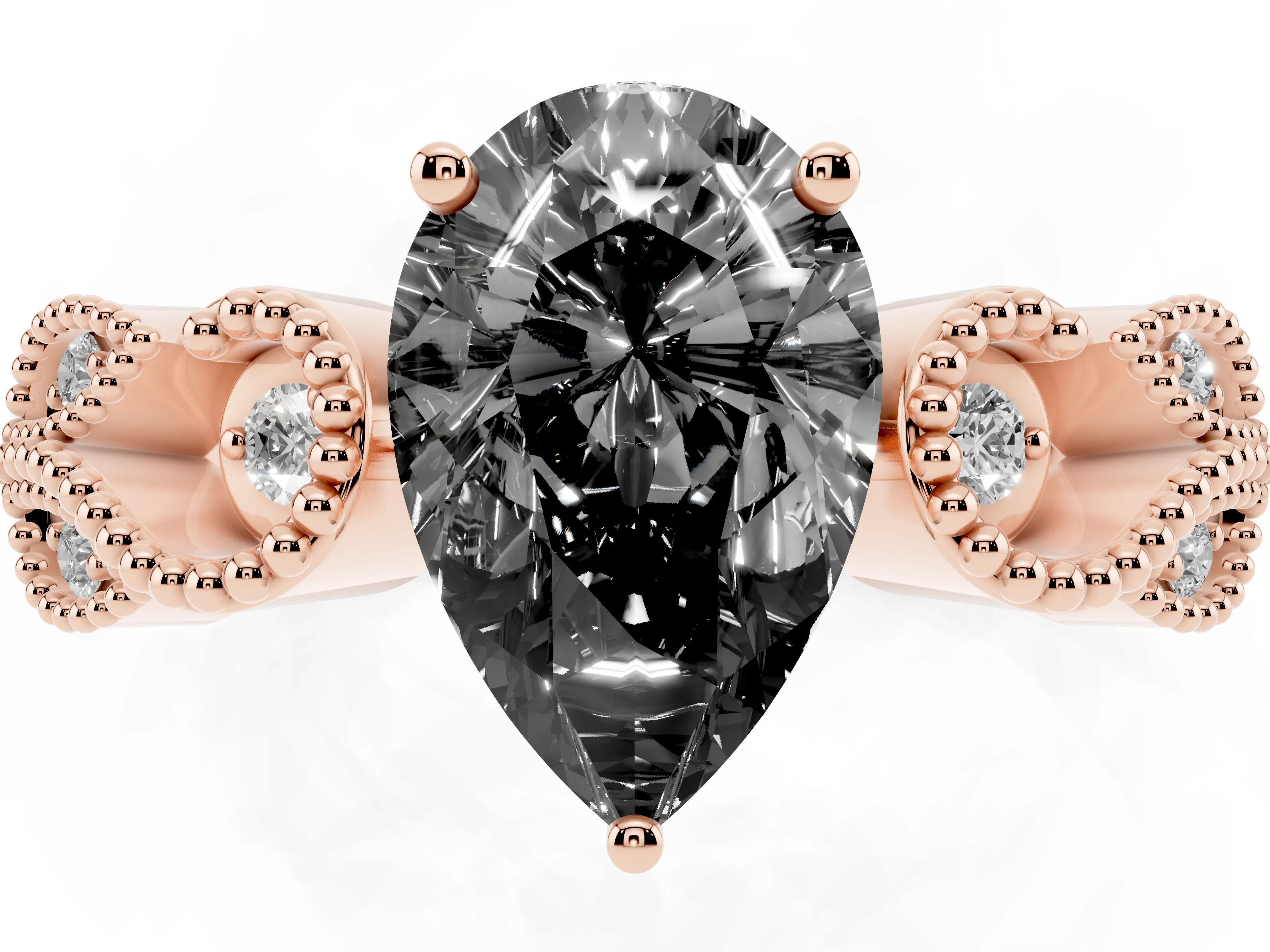 Fancy Black Pear Cut Diamond Milgrain Leaf Band Solitaire Ring Set in Rose gold with Accent Stones and Prong Setting