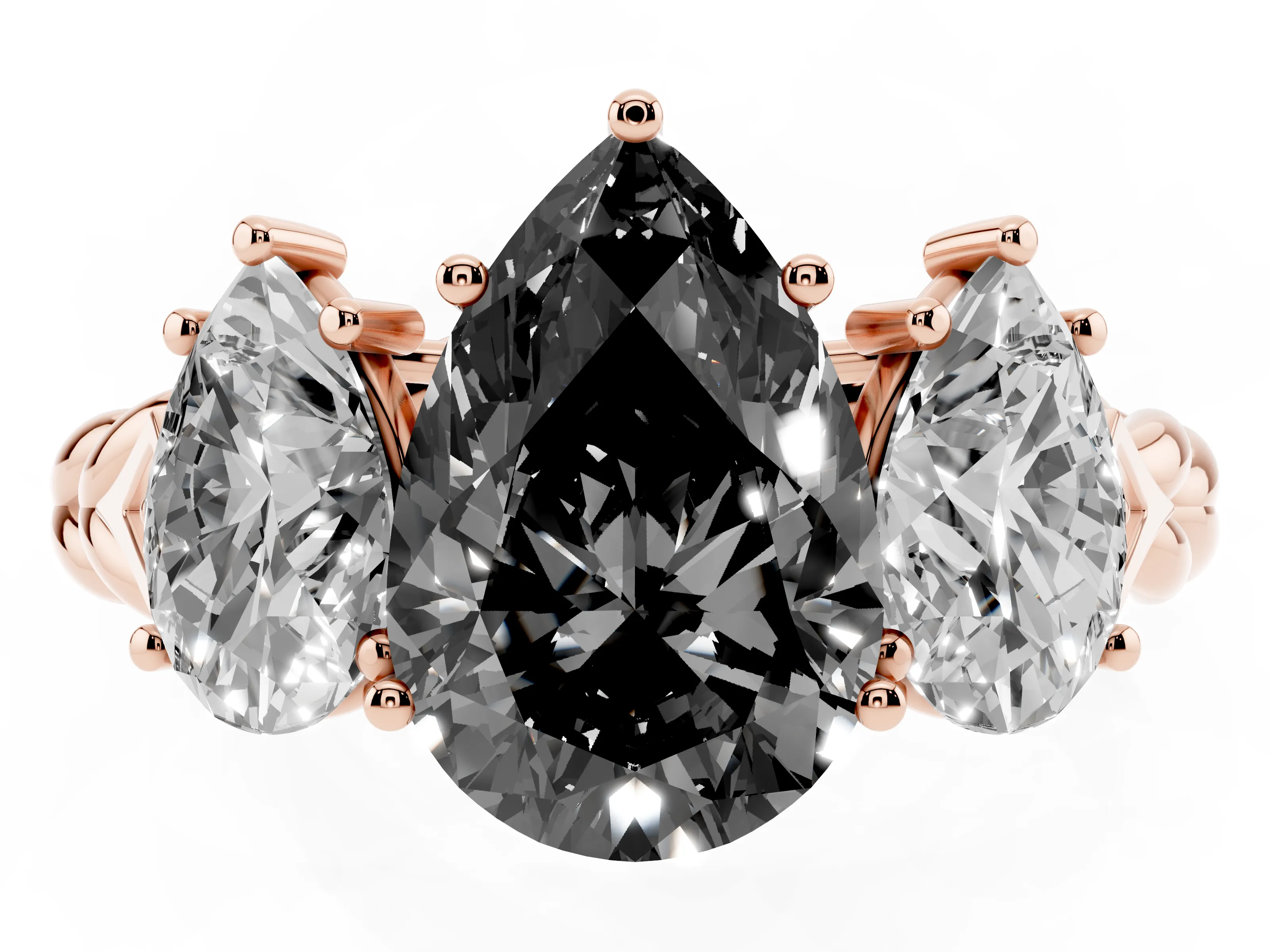Fancy Black Pear Cut Diamond Three-Stone Ring Set in Rose gold with Braided Band