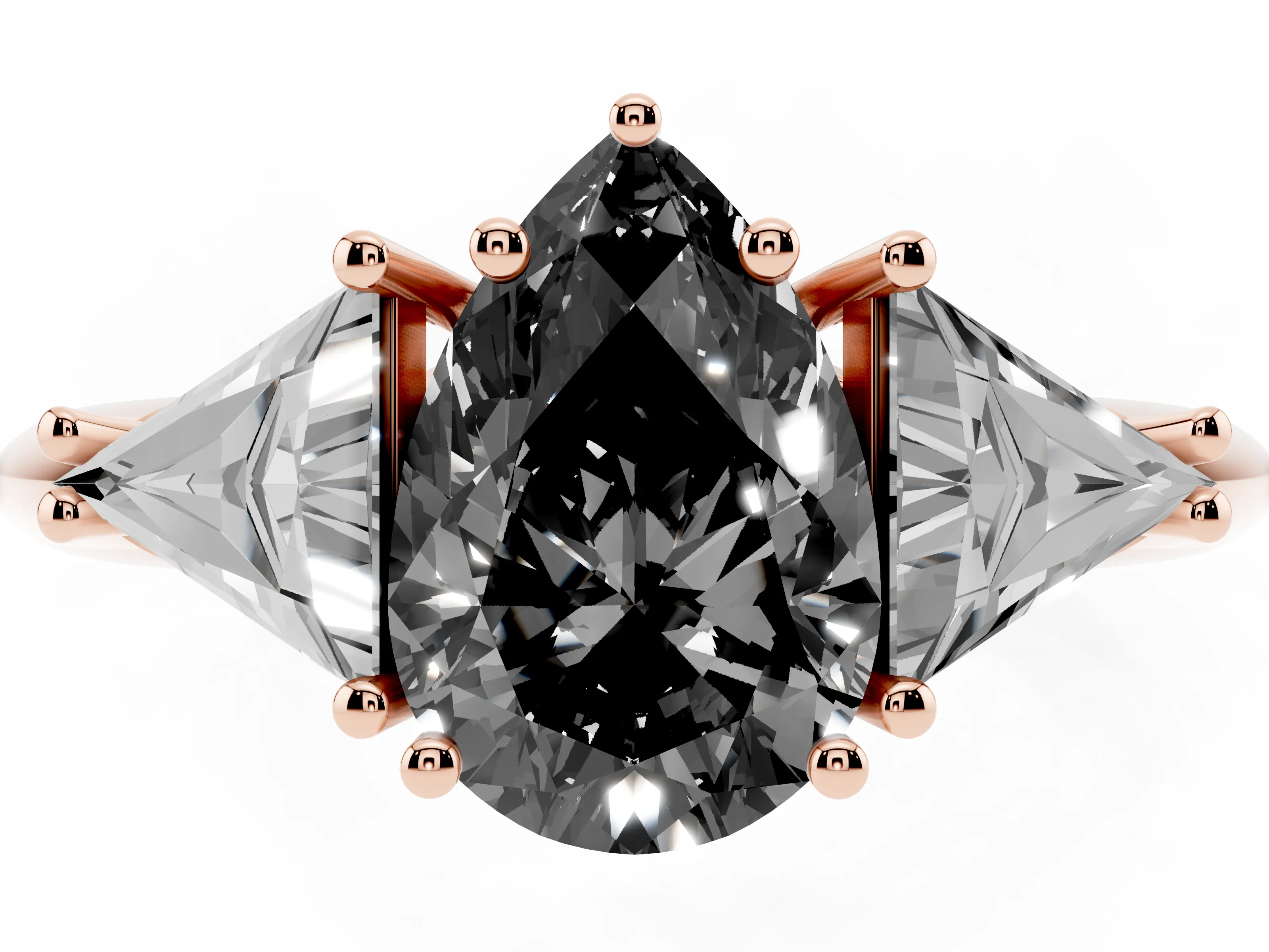 Fancy Black Pear Cut Diamond Three-Stone Engagement Ring Set in Rose gold with Trillion Side Stones