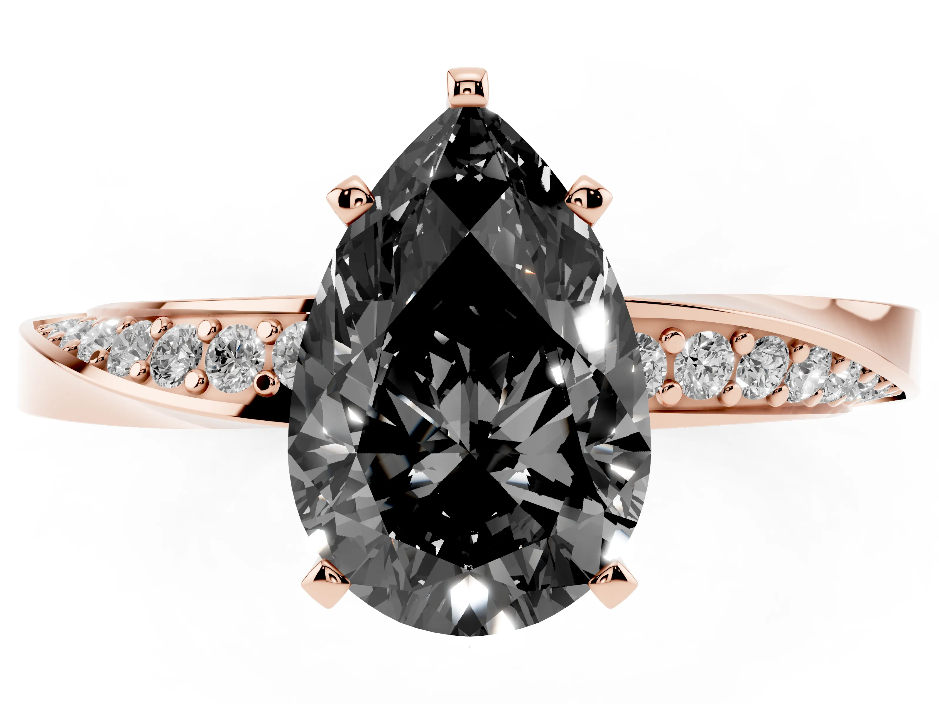 Fancy Black Pear Cut Diamond Engagement Ring Set in Rose gold with Side Stone Accents and Prong Setting