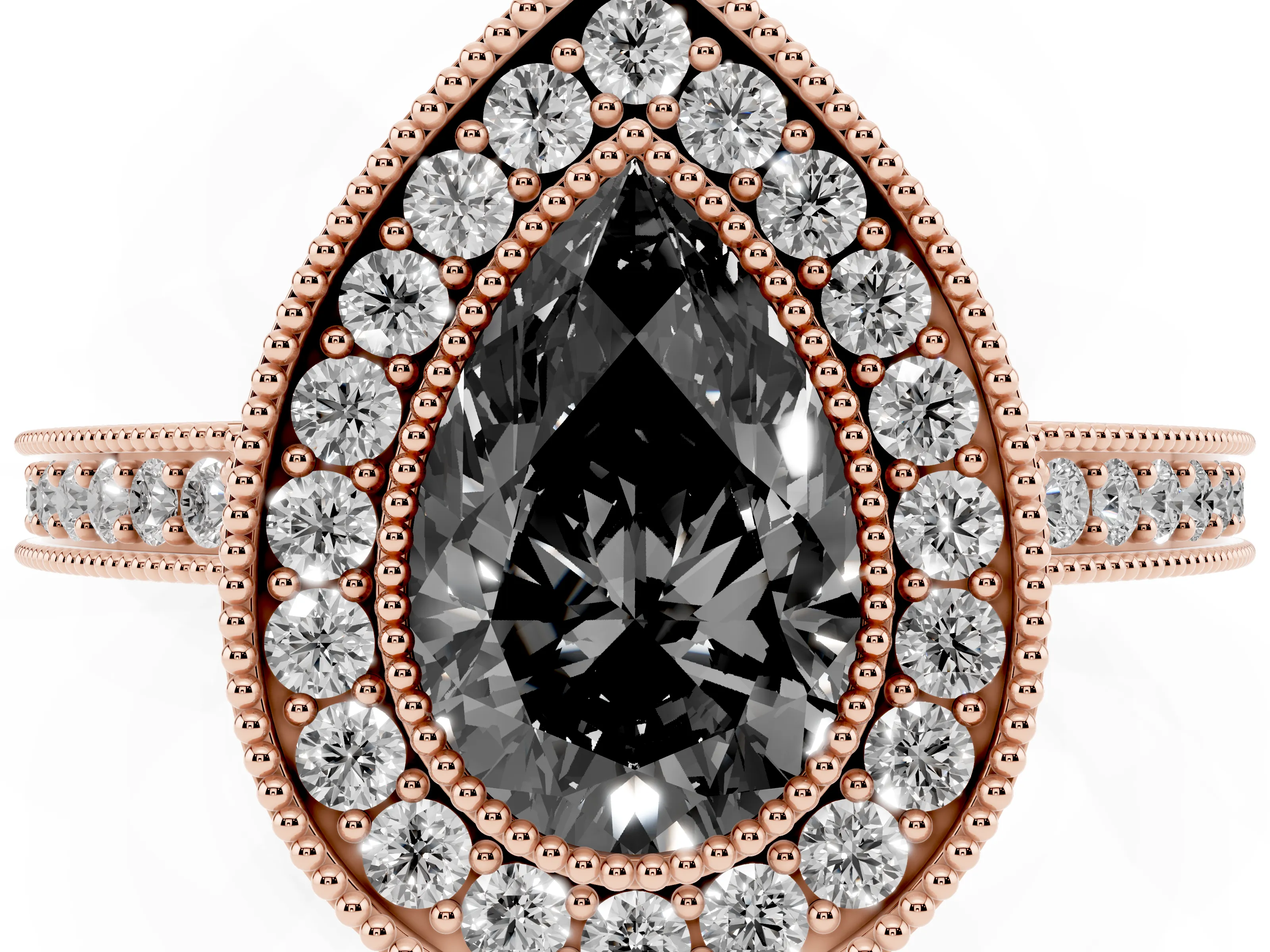 Fancy Black Pear Cut Diamond Round Halo Ring Set in Rose gold with Pavé Band