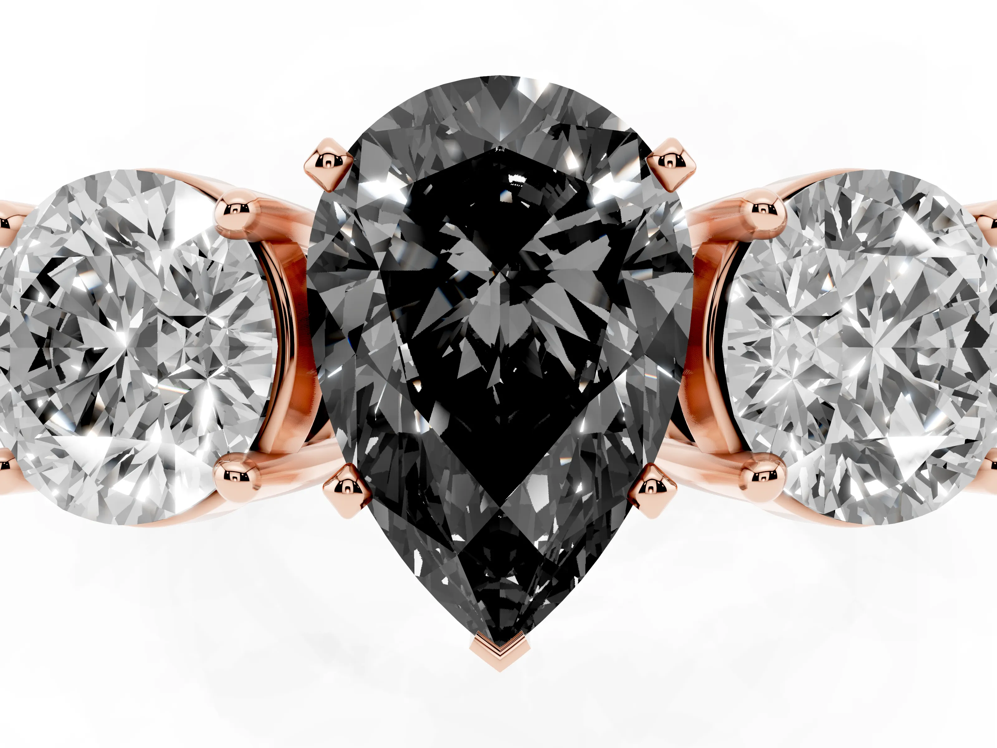 Fancy Black Pear Cut Diamond Three-Stone Ring Set in Rose gold with Round Side Stones and Classic Band