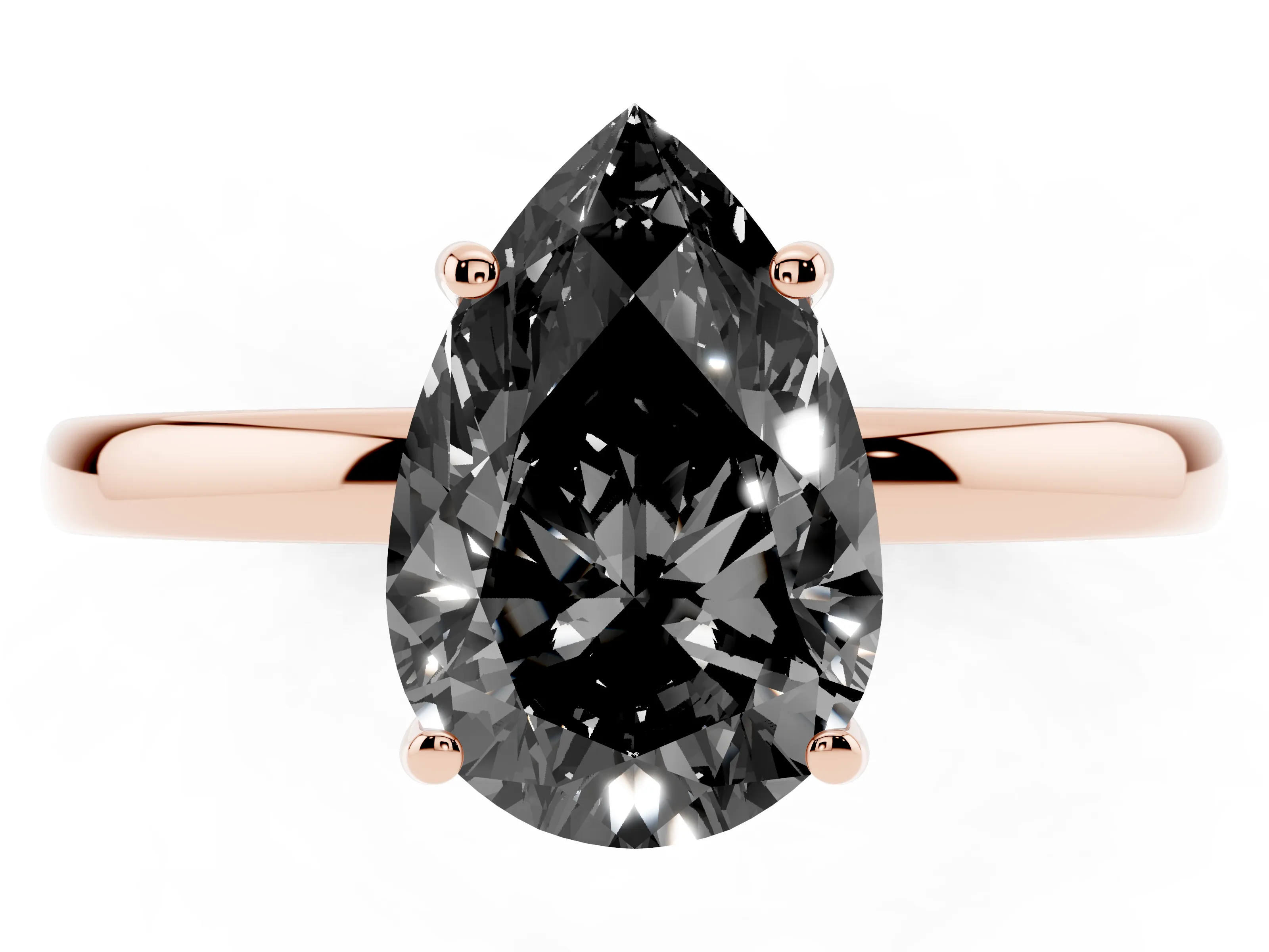 Fancy Black Pear Cut Diamond Solitaire Ring Set in Rose gold with Plain Band and Prong Setting