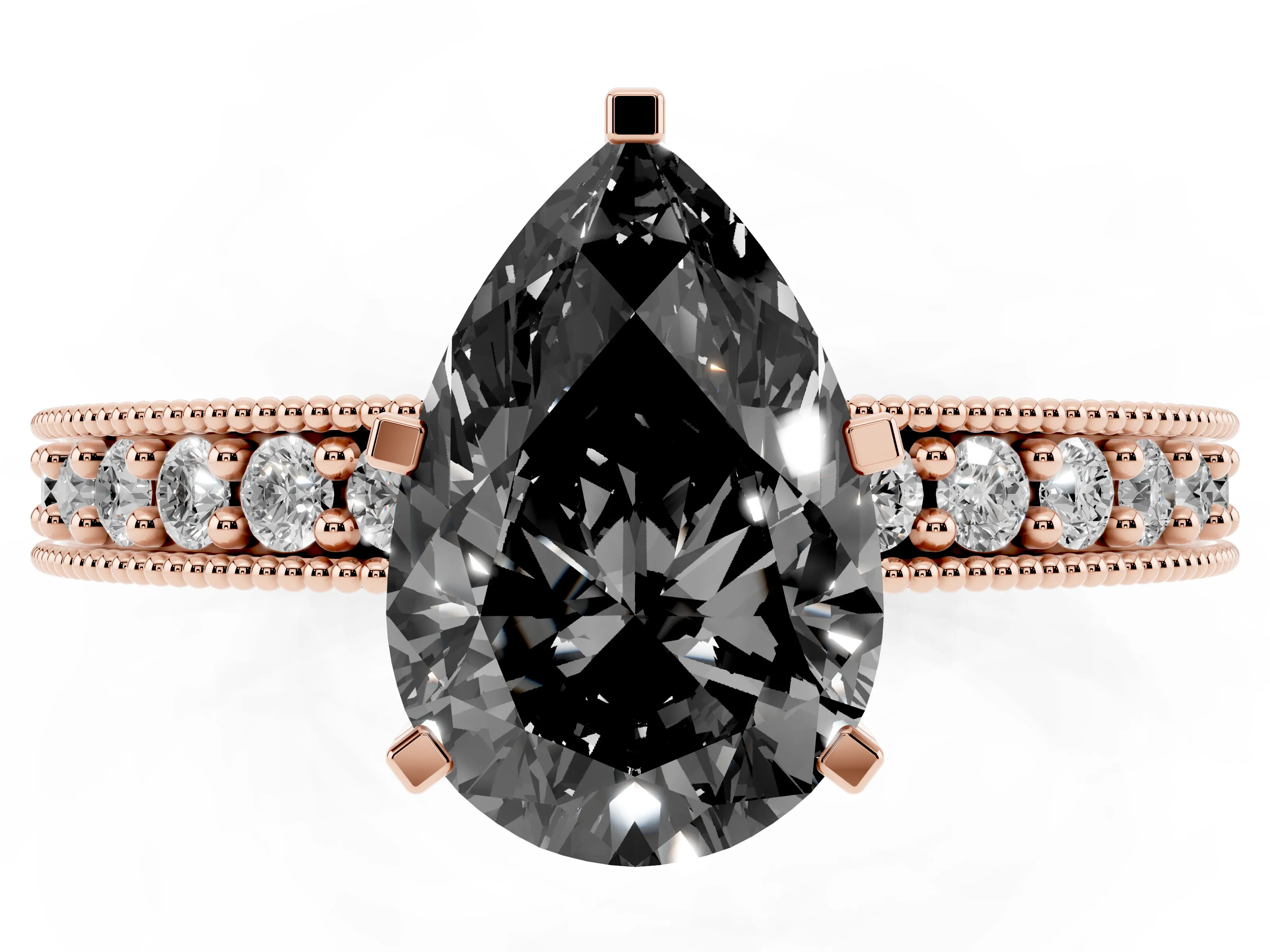 Fancy Black Pear Cut Diamond Milgrain Pavé Engagement Ring Set in Rose gold with Prong Setting