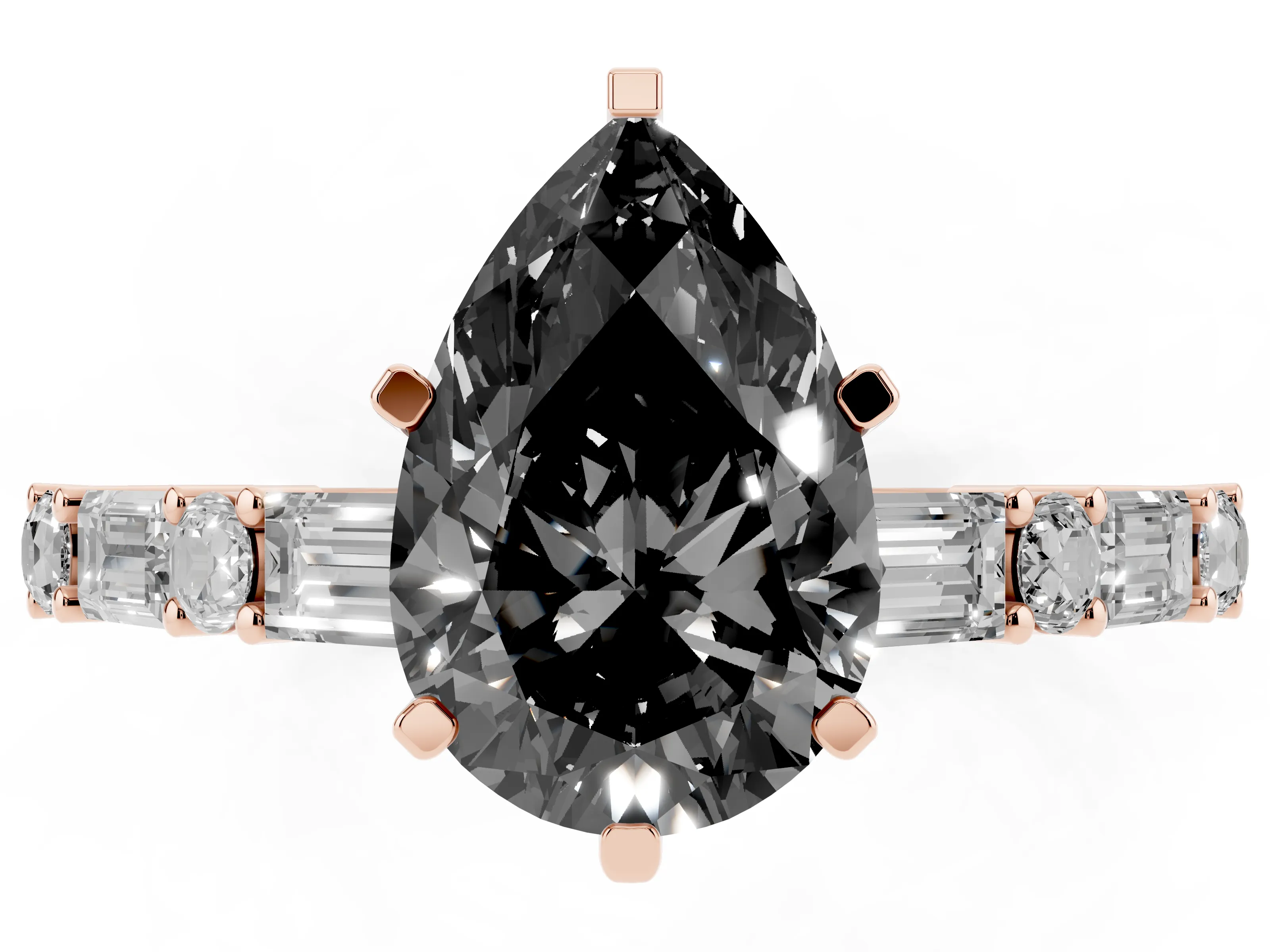 Fancy Black Pear Cut Diamond Solitaire Set in Rose gold with Side Baguettes and Channel Set Band