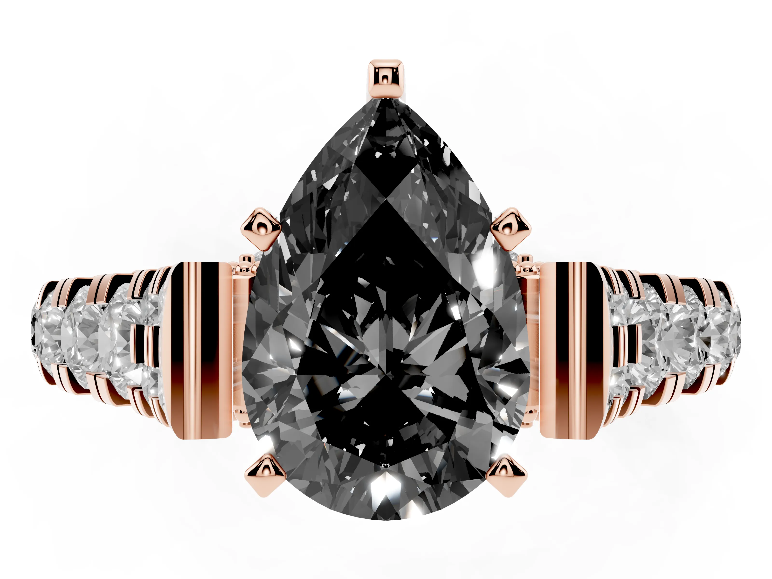 Fancy Black Pear Cut Diamond Classic Solitaire Ring Set in Rose gold with Pavé Band and Prong Setting