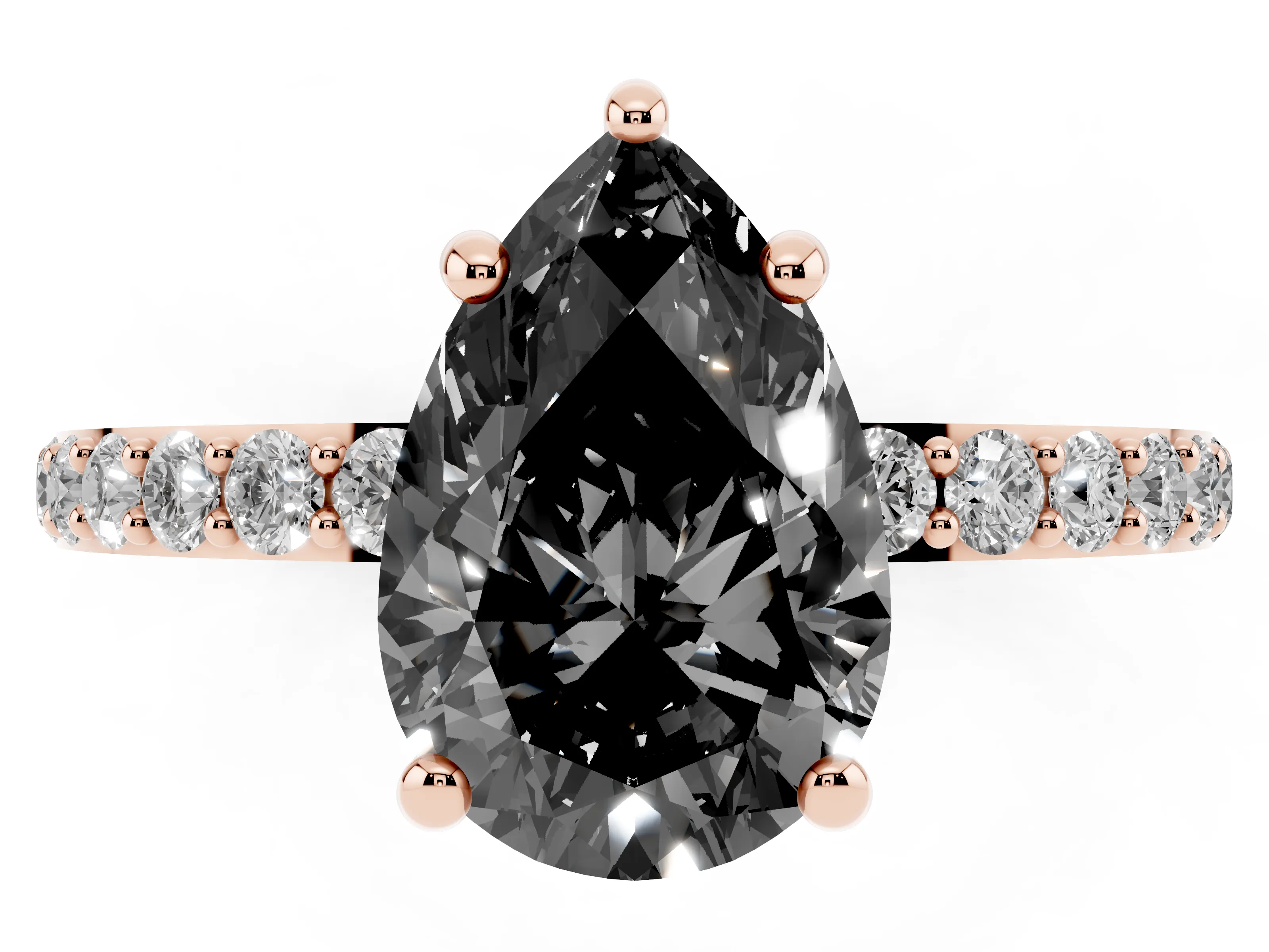 Fancy Black Pear Cut Diamond Solitaire Ring Set in Rose gold with Round Pavé Band and Prong Setting