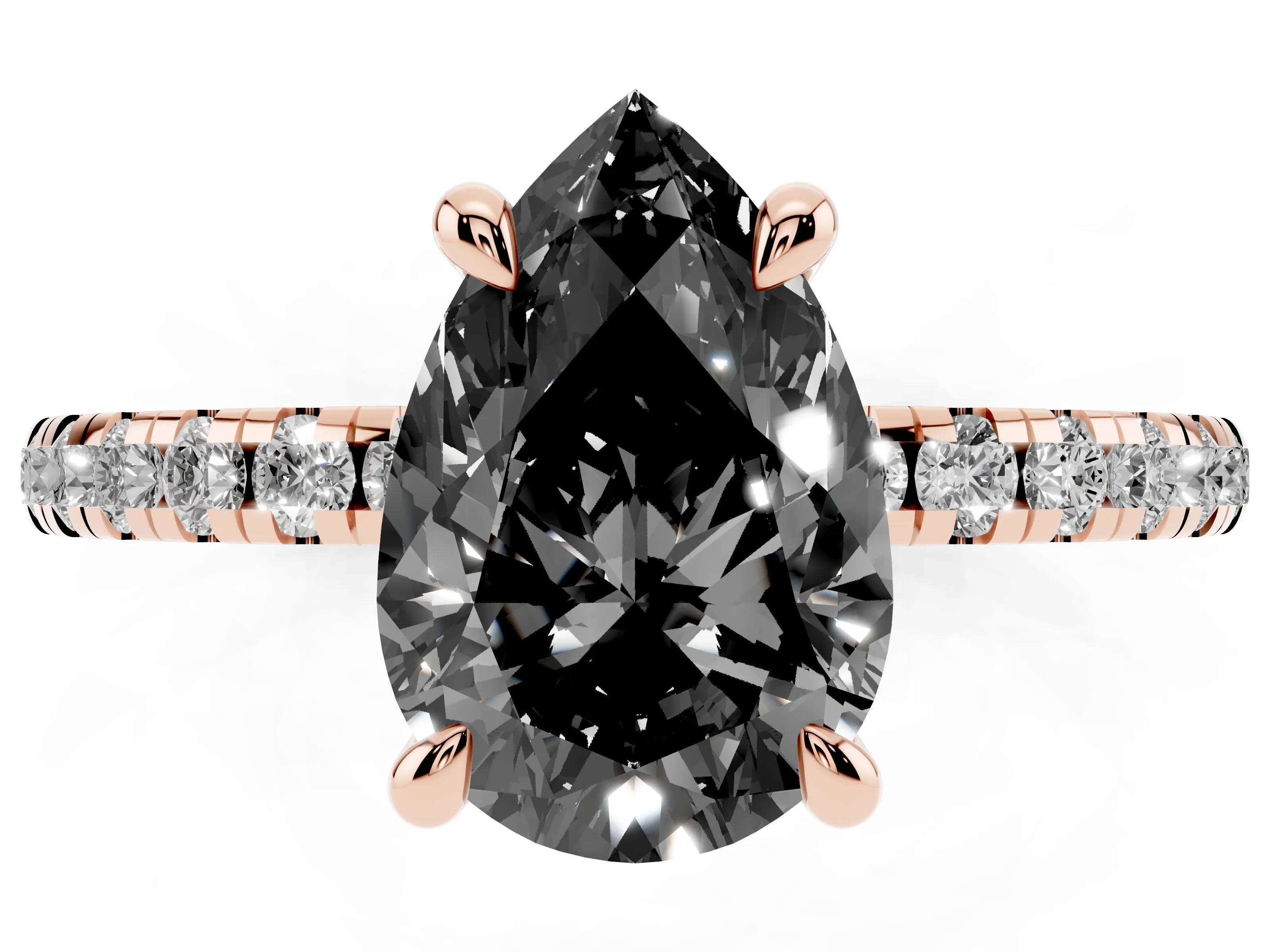 Fancy Black Pear Cut Diamond Brilliant Solitaire Ring Set in Rose gold with Pavé Band and Prong Setting