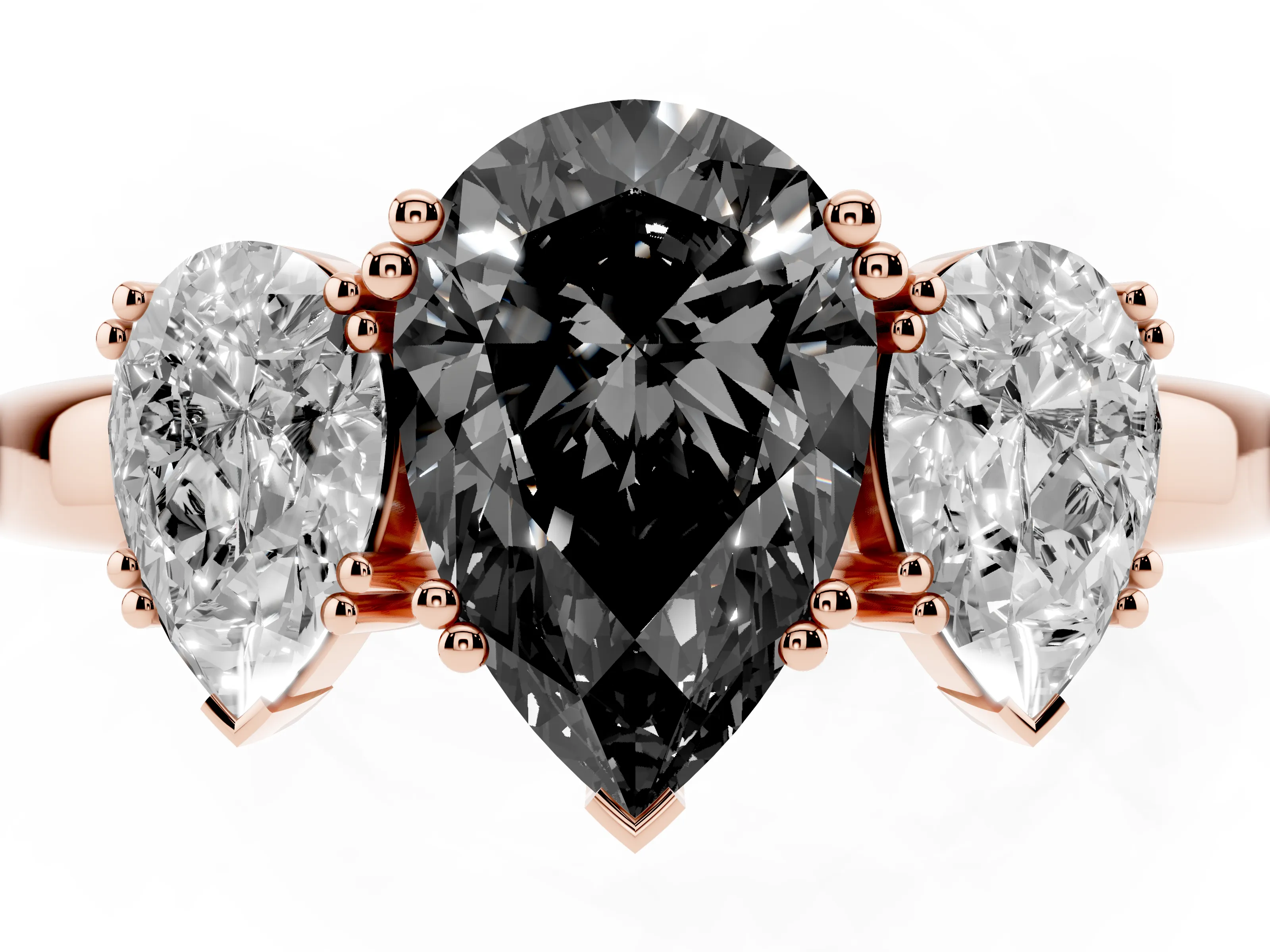 Fancy Black Pear Cut Diamond Three-Stone Ring Set in Rose gold with Polished Channel-Set Band