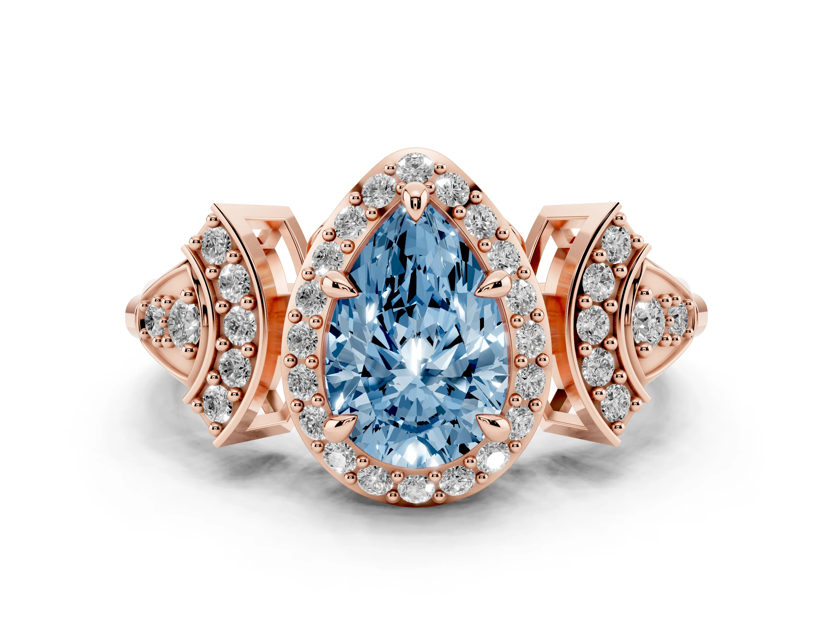 Fancy Blue Pear Cut Diamond Halo Engagement Ring Set in Rose gold with Accent Stone Split Shank