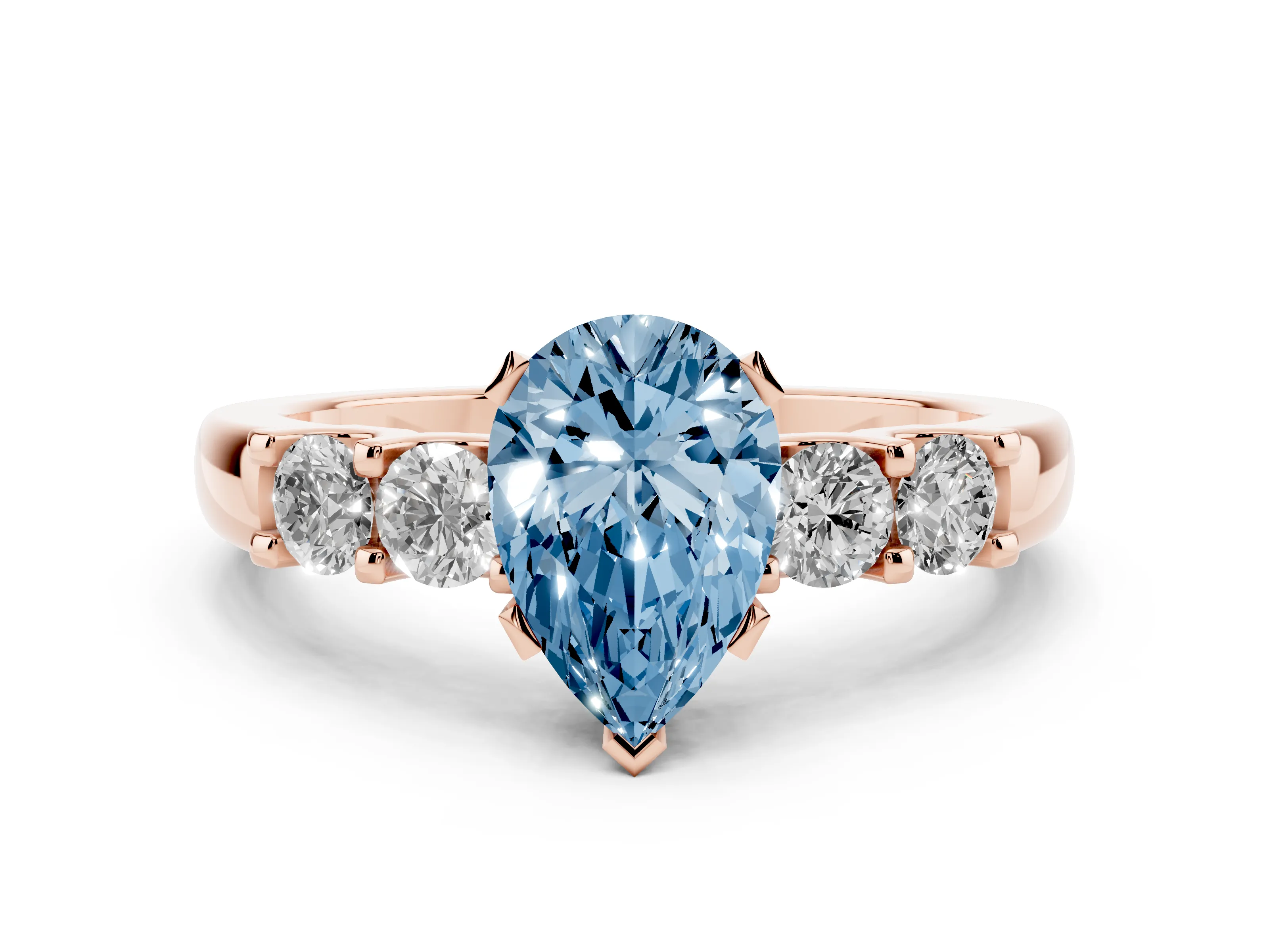 Fancy Blue Pear Cut Diamond Five-Stone Prong Set Engagement Ring Set in Rose gold with Channel Band
