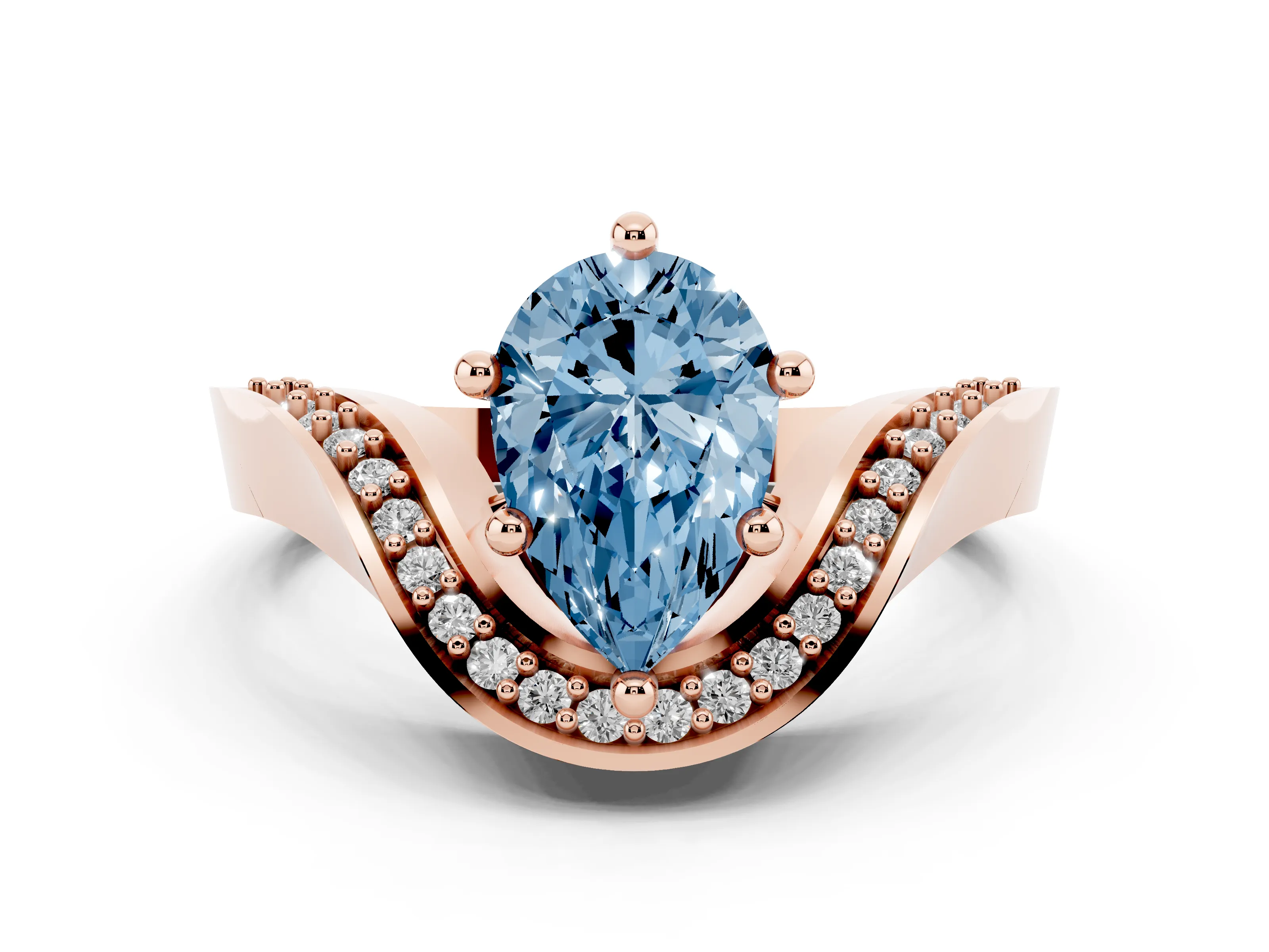 Fancy Blue Pear Cut Diamond Solitaire Engagement Ring Set in Rose gold with Pavé Shoulders