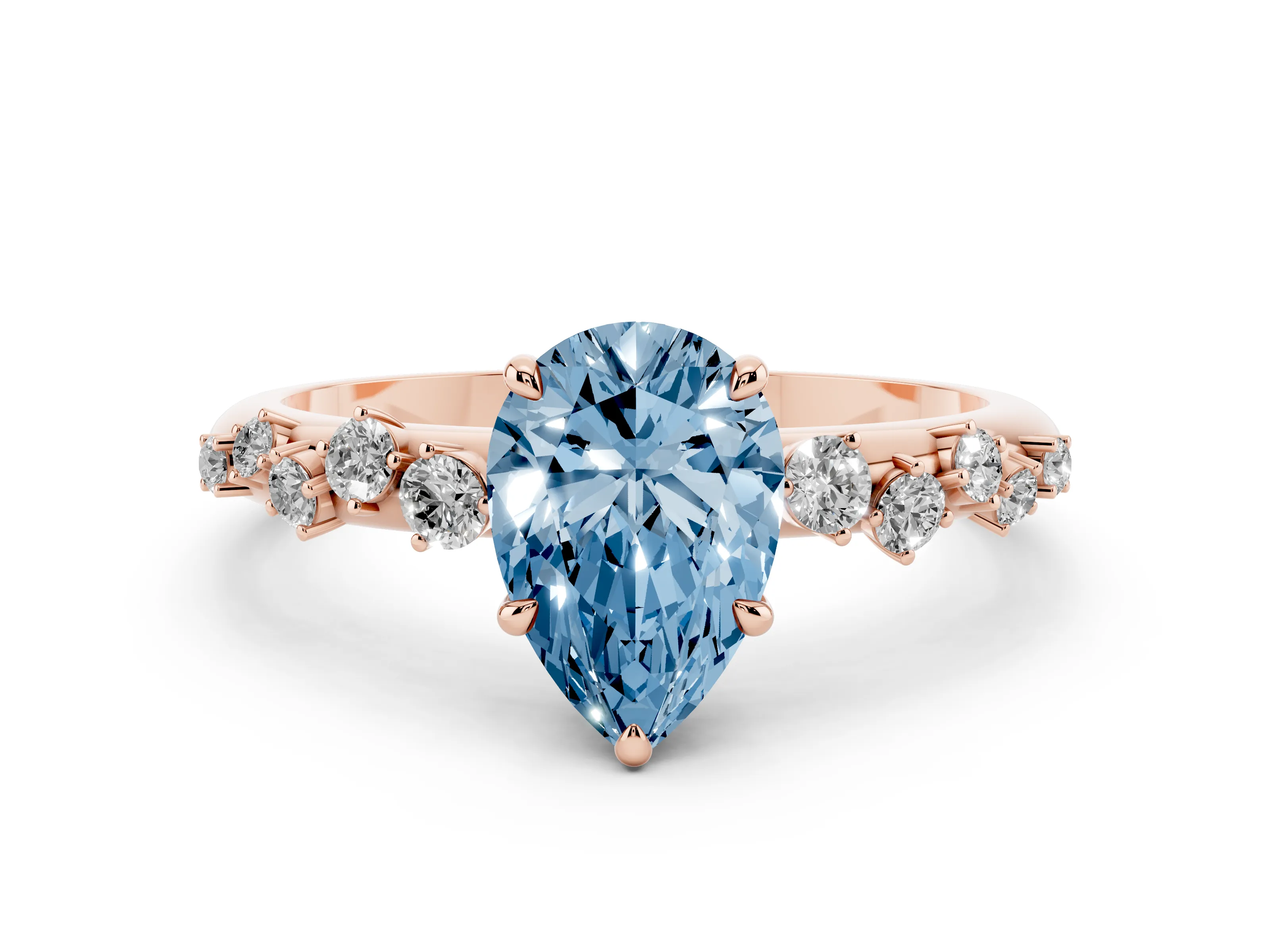 Fancy Blue Pear Cut Diamond Cluster Solitaire Ring Set in Rose gold with Prong Setting