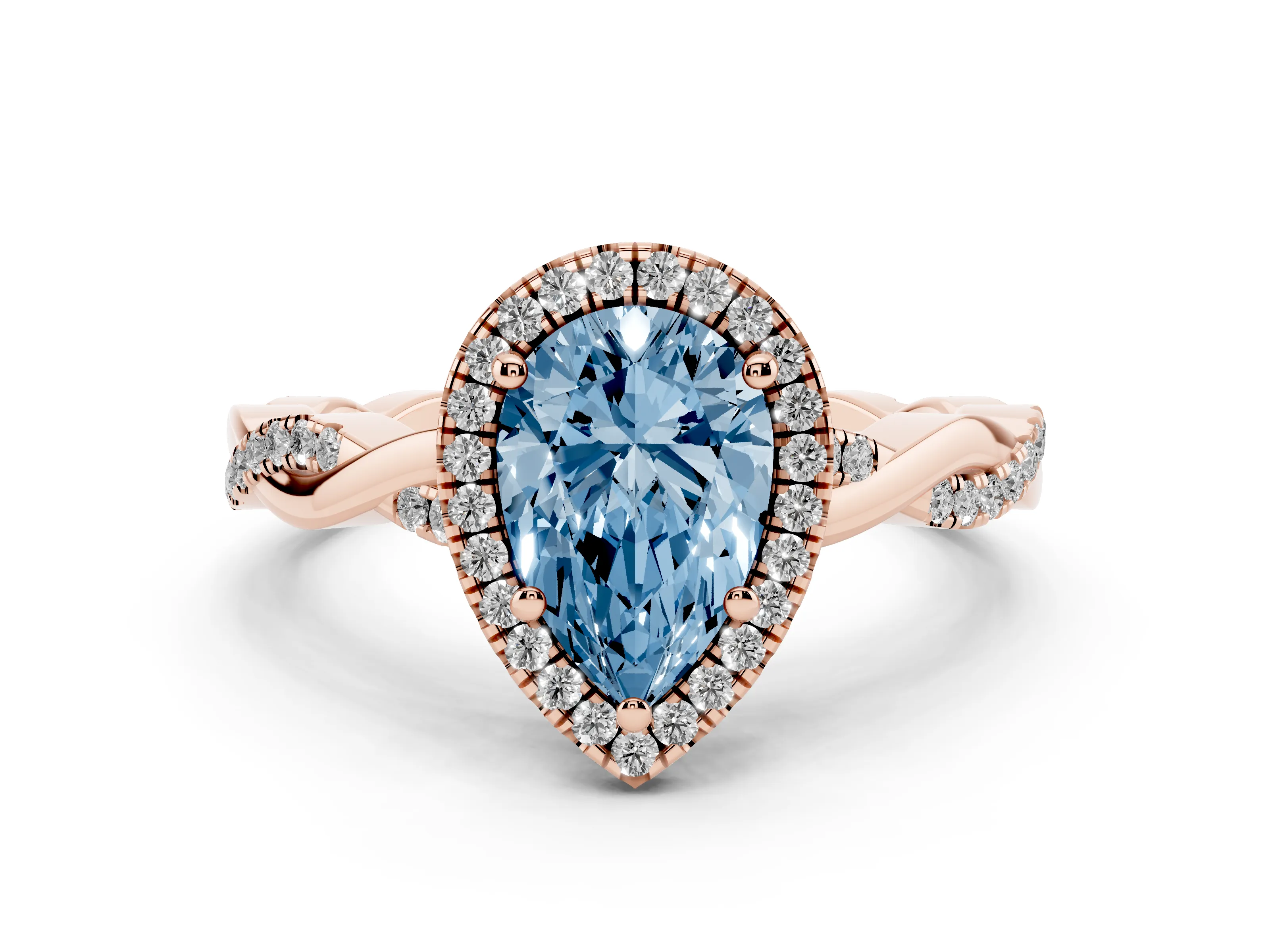 Fancy Blue Pear Cut Diamond Halo Twisted Band Ring Set in Rose gold with Prong Setting