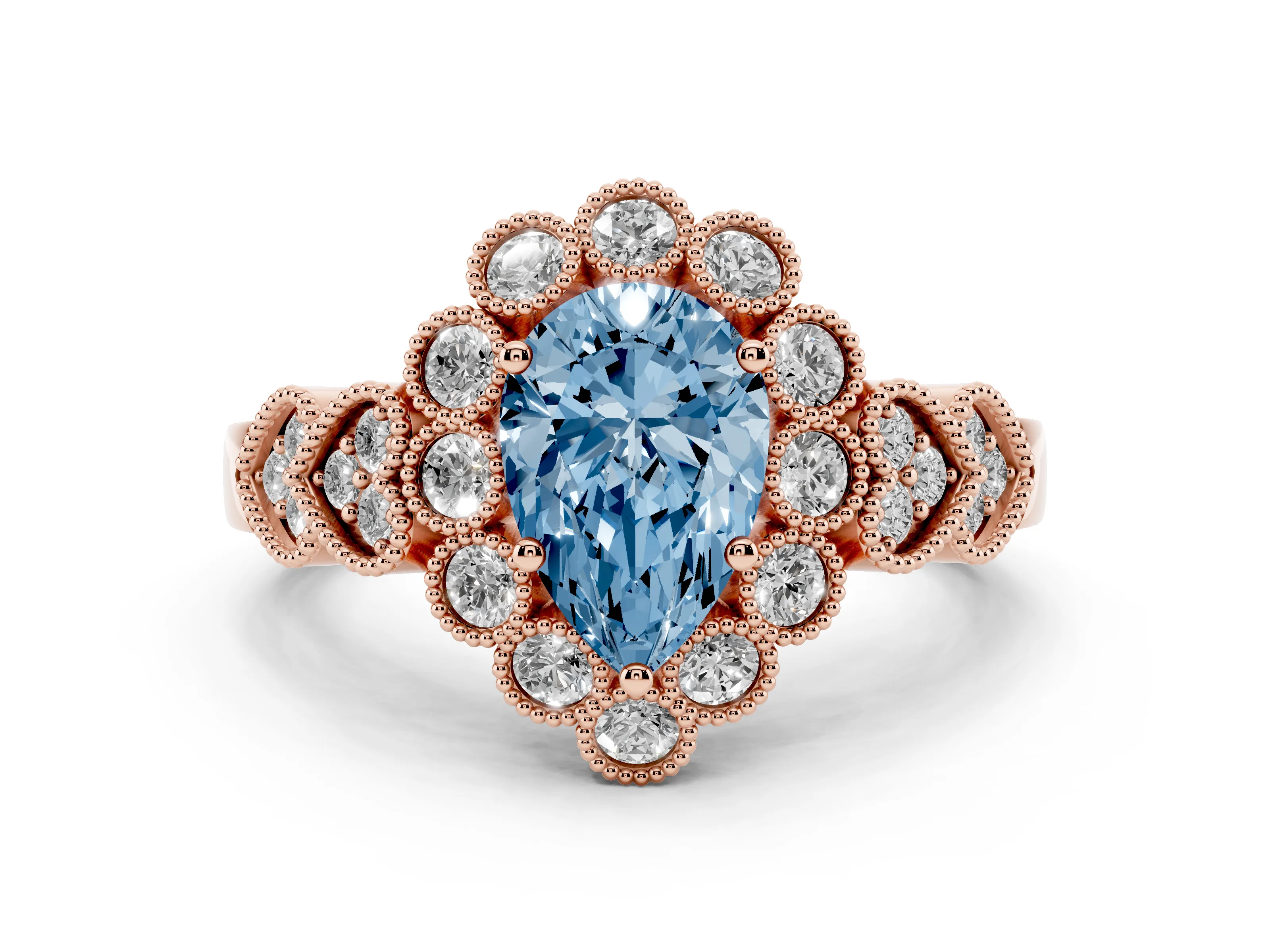 Fancy Blue Pear Cut Diamond Solitaire Ring Set in Rose gold with Milgrain Pavé Heart Band