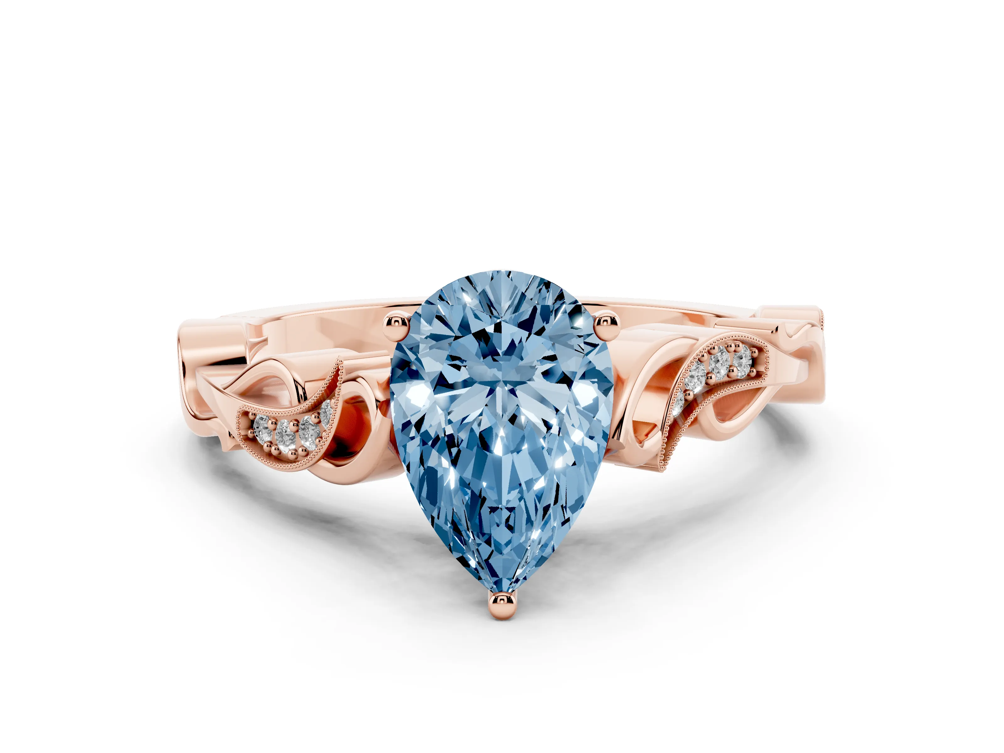 Fancy Blue Pear Cut Diamond Vine Band Solitaire Ring Set in Rose gold with Milgrain Prong Setting