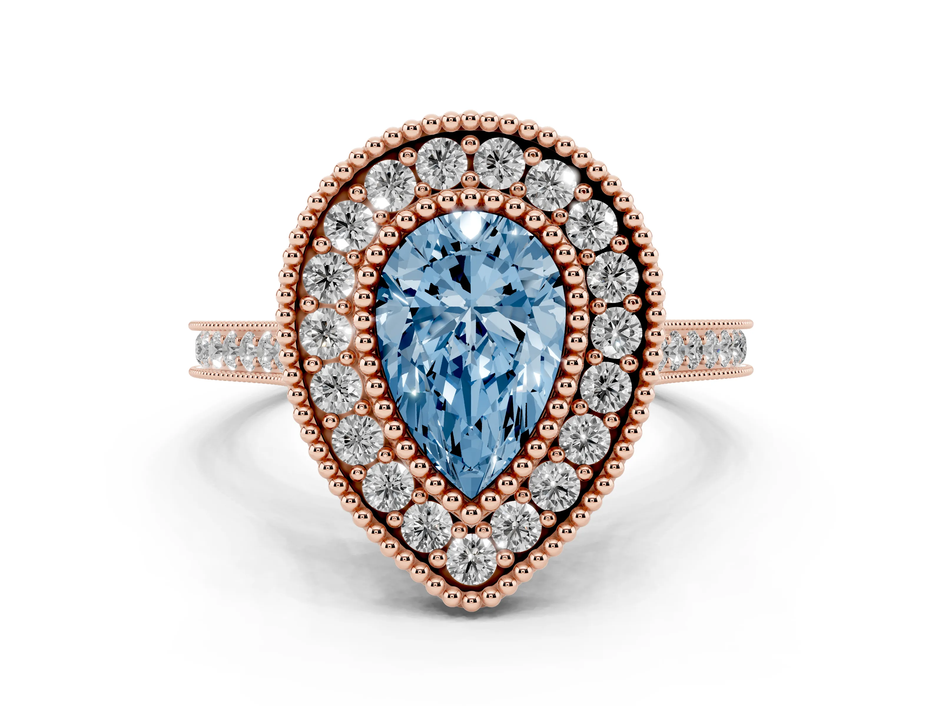 Fancy Blue Pear Cut Diamond Halo Ring Set in Rose gold with Milgrain Frame and Pavé Band