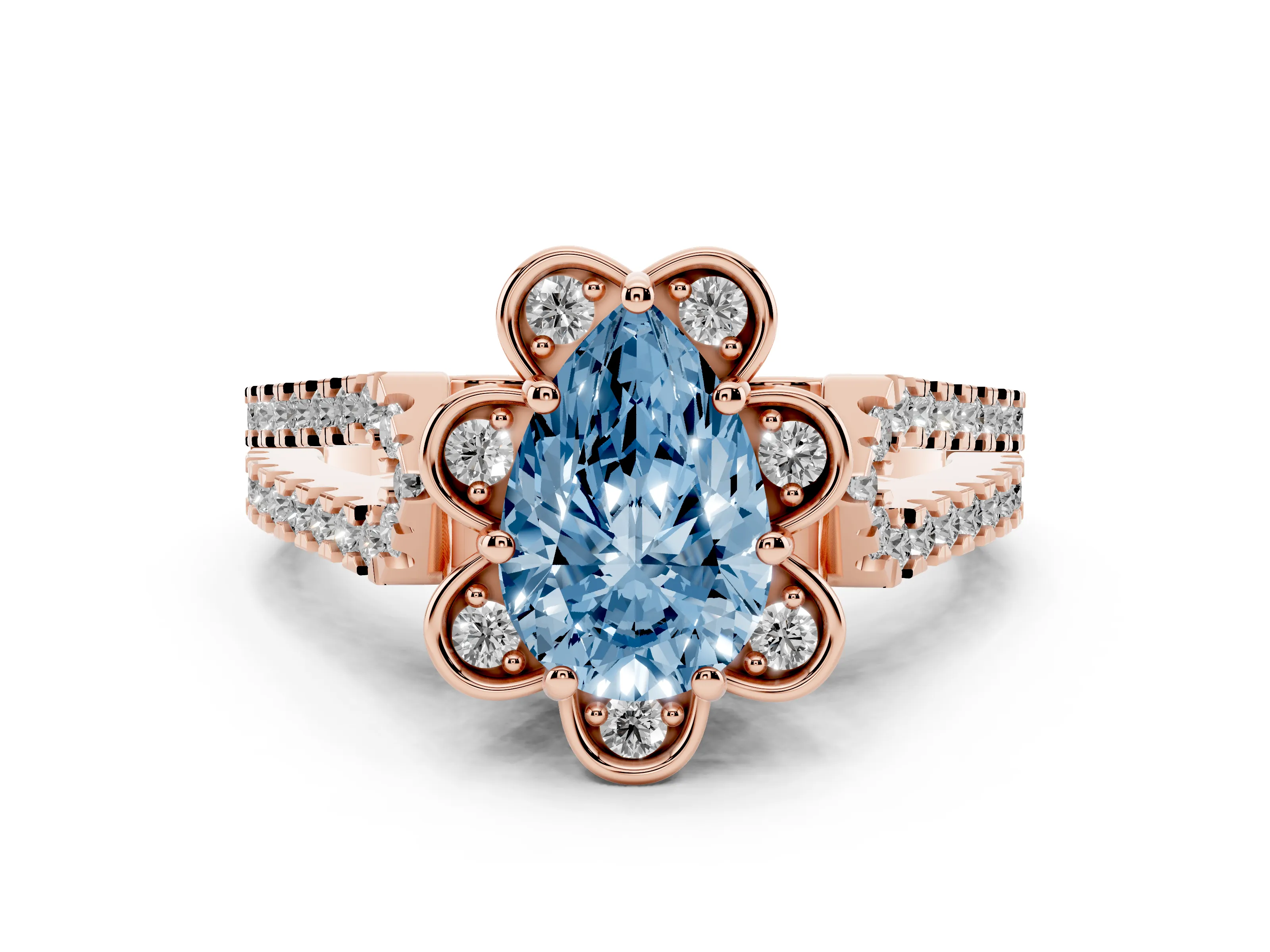 Fancy Blue Pear Cut Diamond Floral Halo Split Shank Engagement Ring Set in Rose gold with Pavé Shank