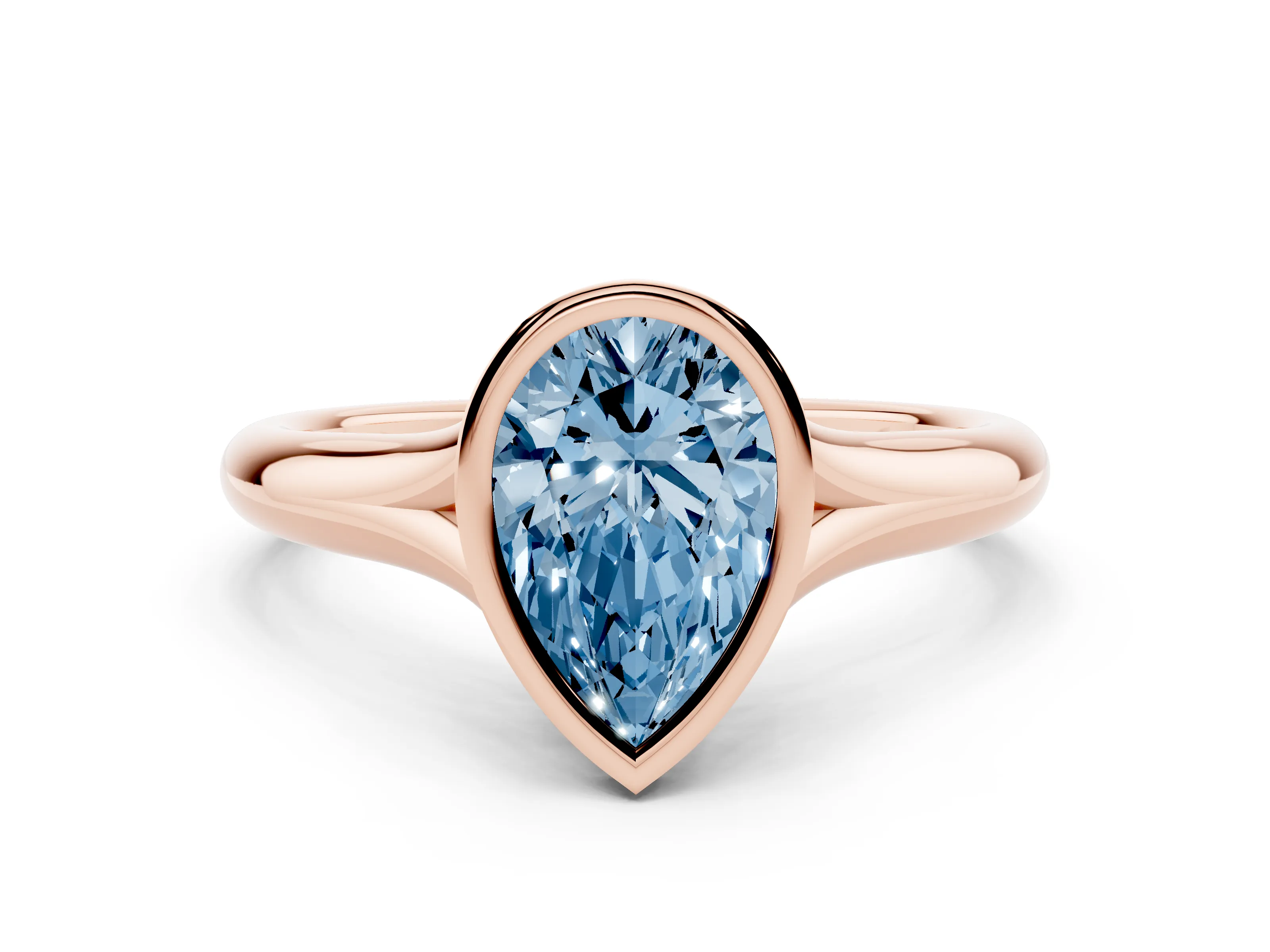 Fancy Blue Bezel Set Pear Cut Diamond Solitaire Ring Set in Rose gold with Smooth Band
