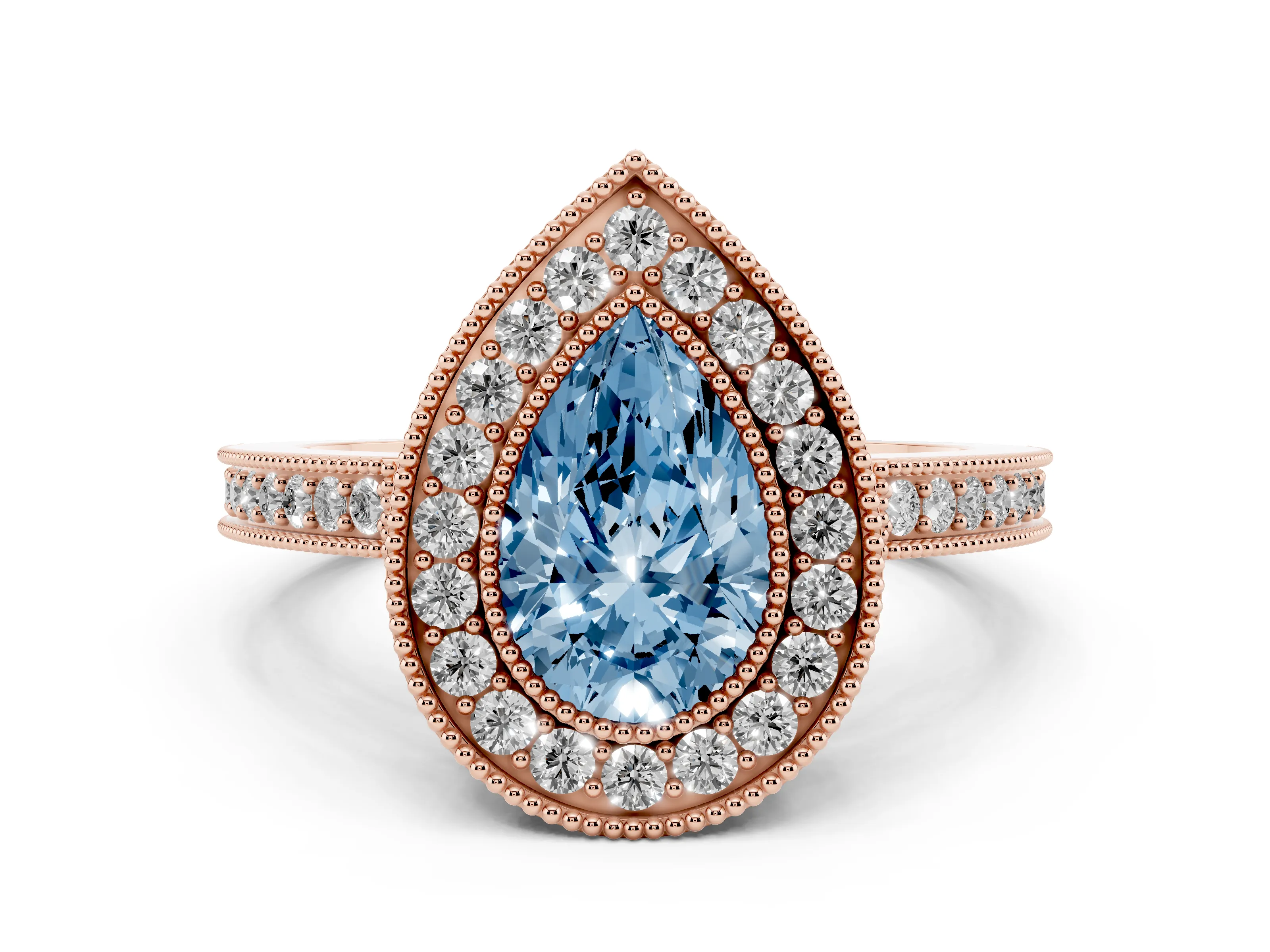 Fancy Blue Pear Cut Diamond Round Halo Ring Set in Rose gold with Pavé Band