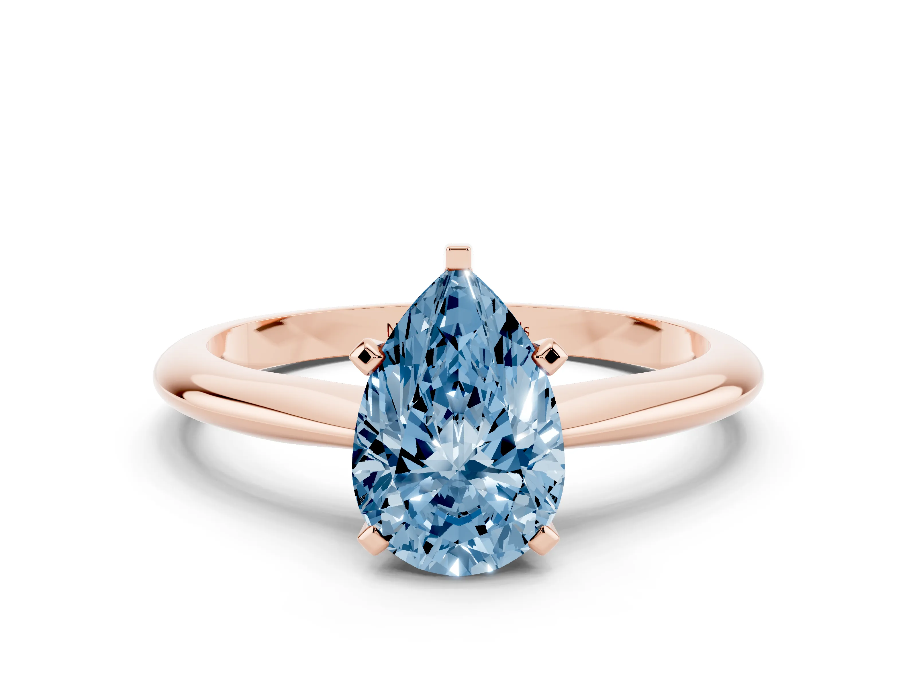 Fancy Blue Pear Cut Diamond Solitaire Ring Set in Rose gold with Prong Setting on a Plain Round Band