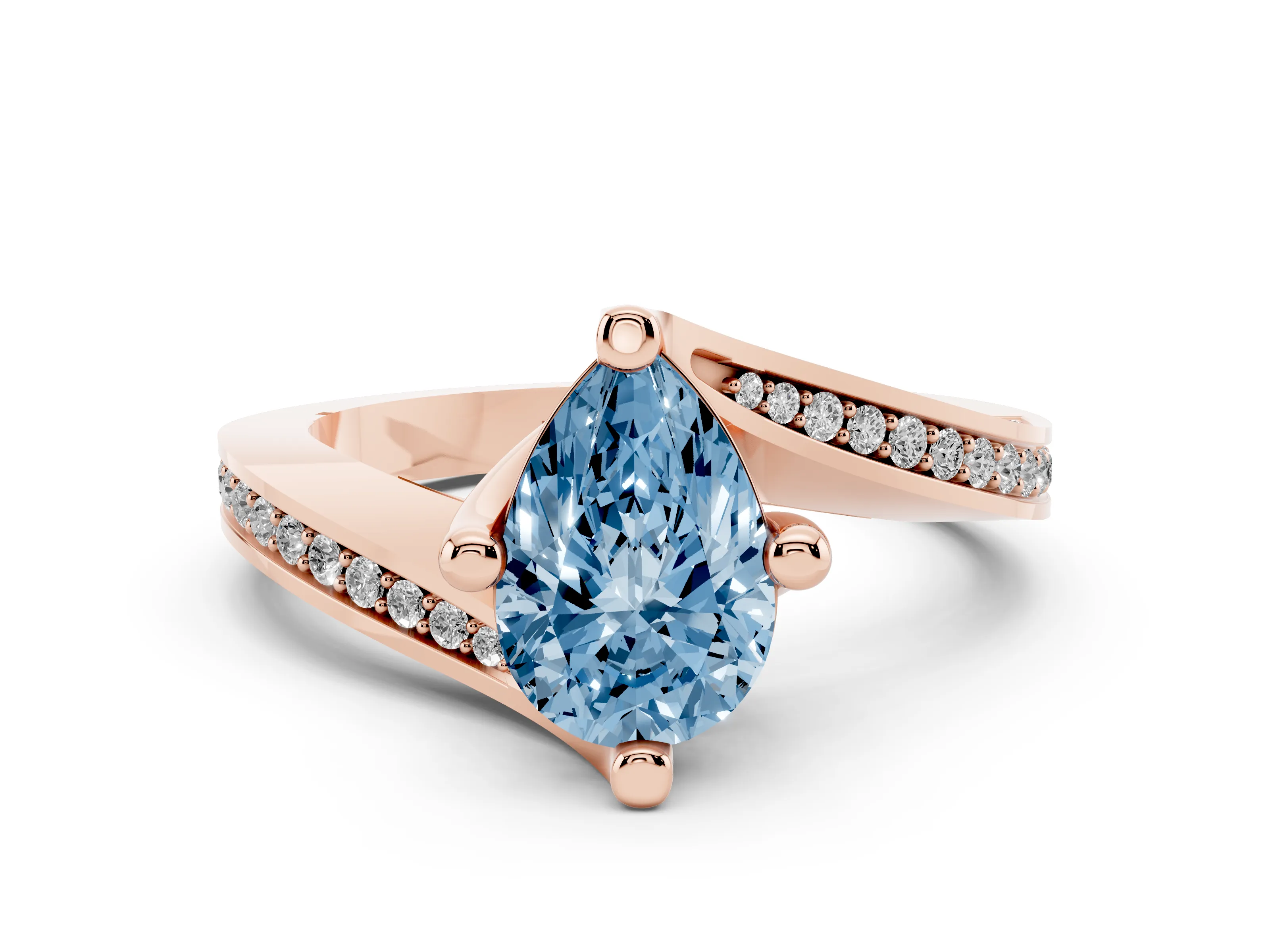 Fancy Blue Pear Cut Diamond Solitaire Ring Set in Rose gold with Intertwined Pavé Twist Band