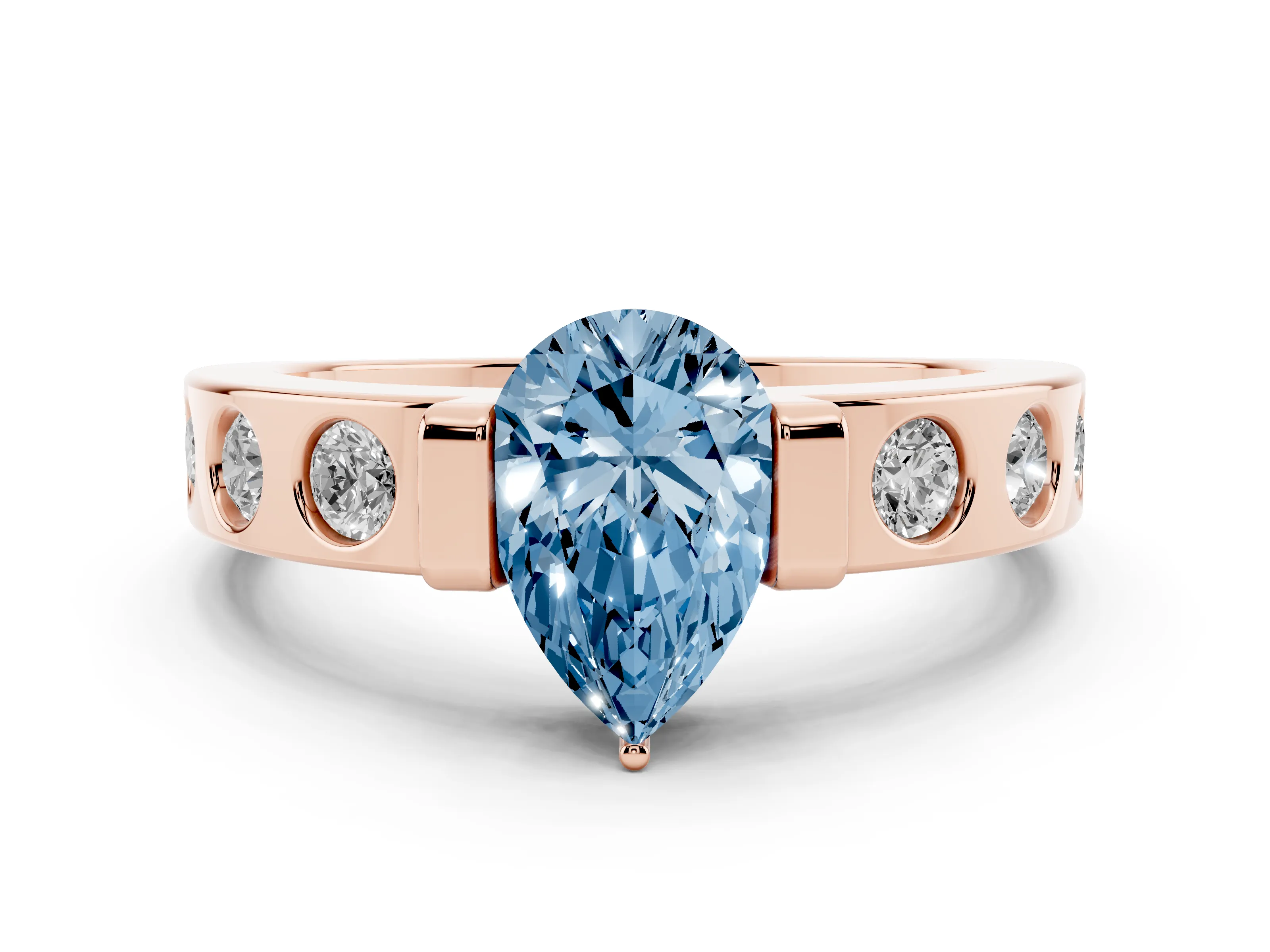 Fancy Blue Pear Cut Diamond Channel-Set Band Ring Set in Rose gold with Bezel Prong Setting