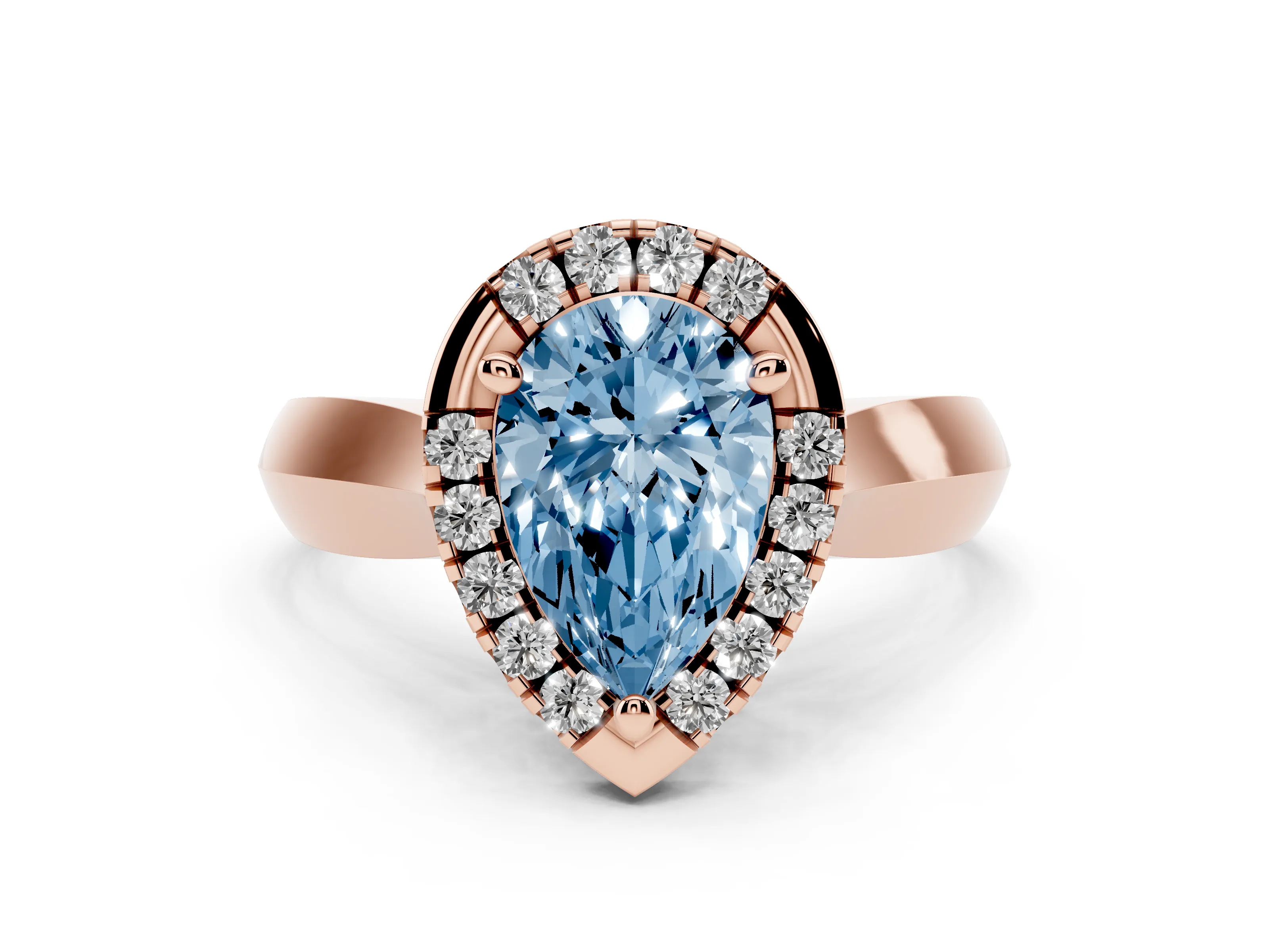 Fancy Blue Pear Cut Diamond Halo Solitaire Engagement Ring Set in Rose gold with Square Band and Prong Setting