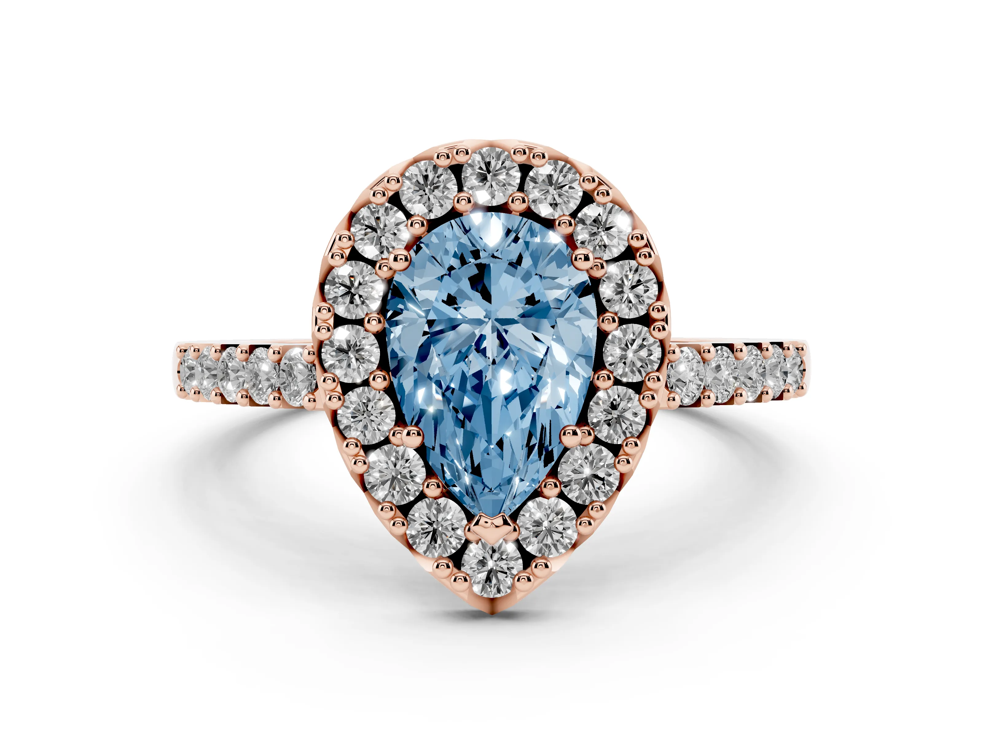 Fancy Blue Pear Cut Diamond Halo Pavé Solitaire Ring Set in Rose gold with Prong-Set Center Stone