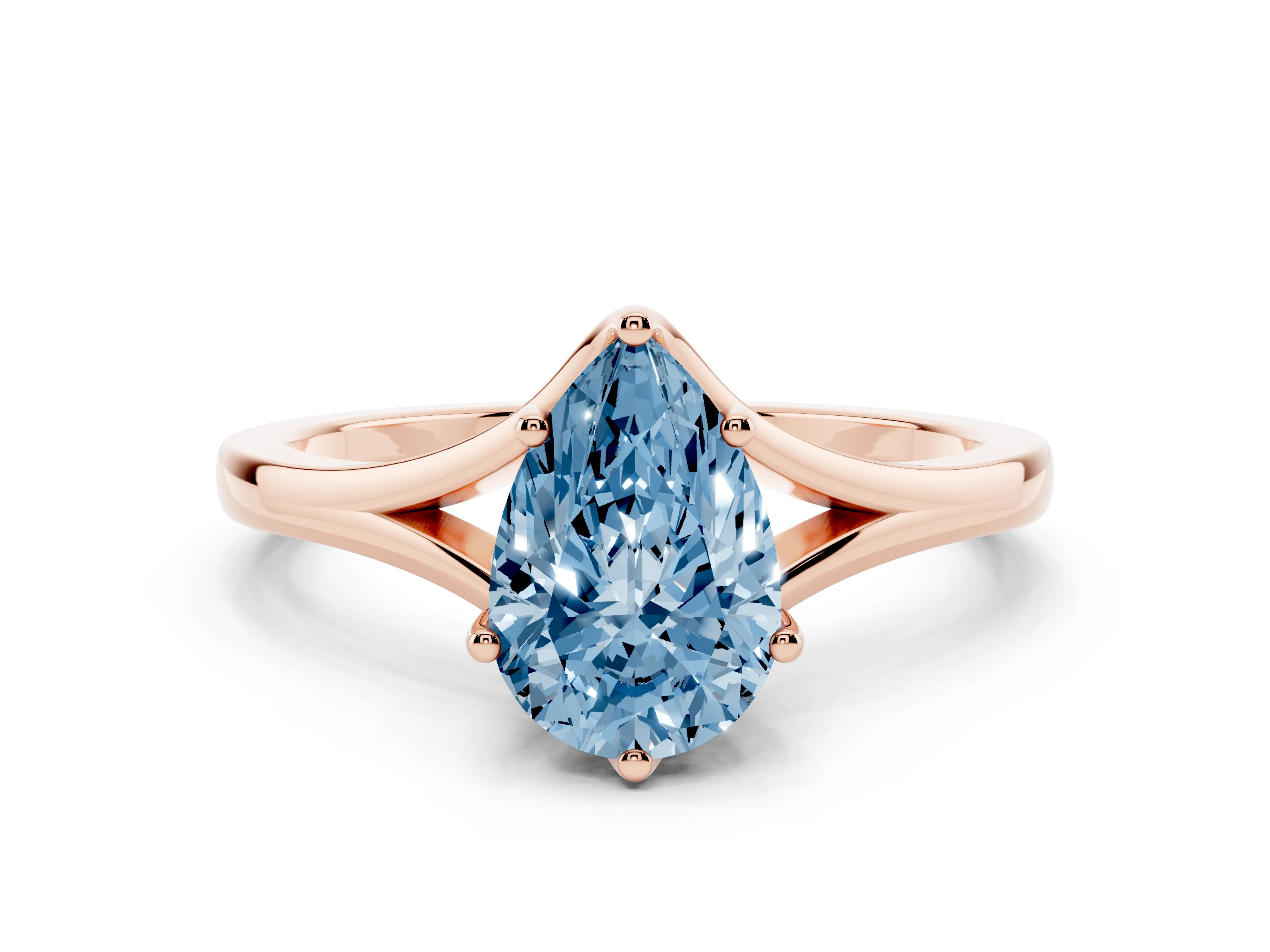 Fancy Blue Pear Cut Diamond Solitaire Ring Set in Rose gold with Polished Tapered Band and Prong Setting