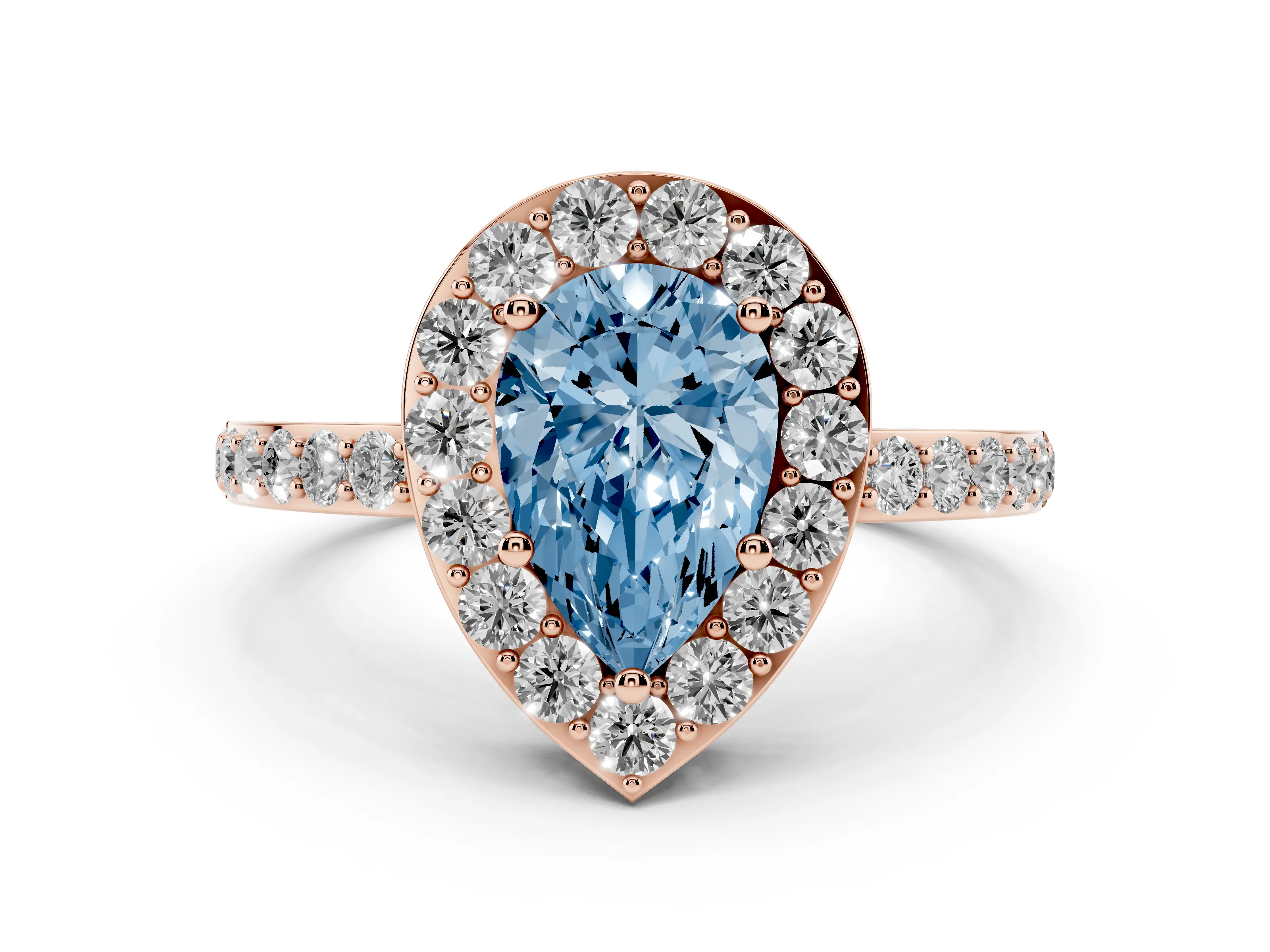 Fancy Blue Pear Cut Diamond Halo Ring Set in Rose gold with Pavé-Setting Band and Open Prong Center