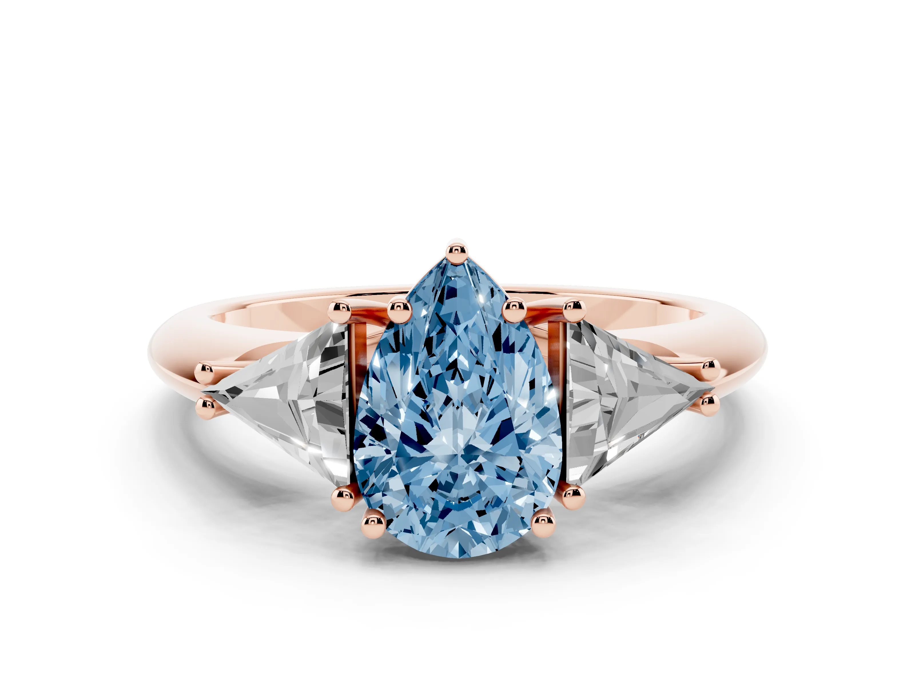 Fancy Blue Pear Cut Diamond Three-Stone Engagement Ring Set in Rose gold with Trillion Side Stones