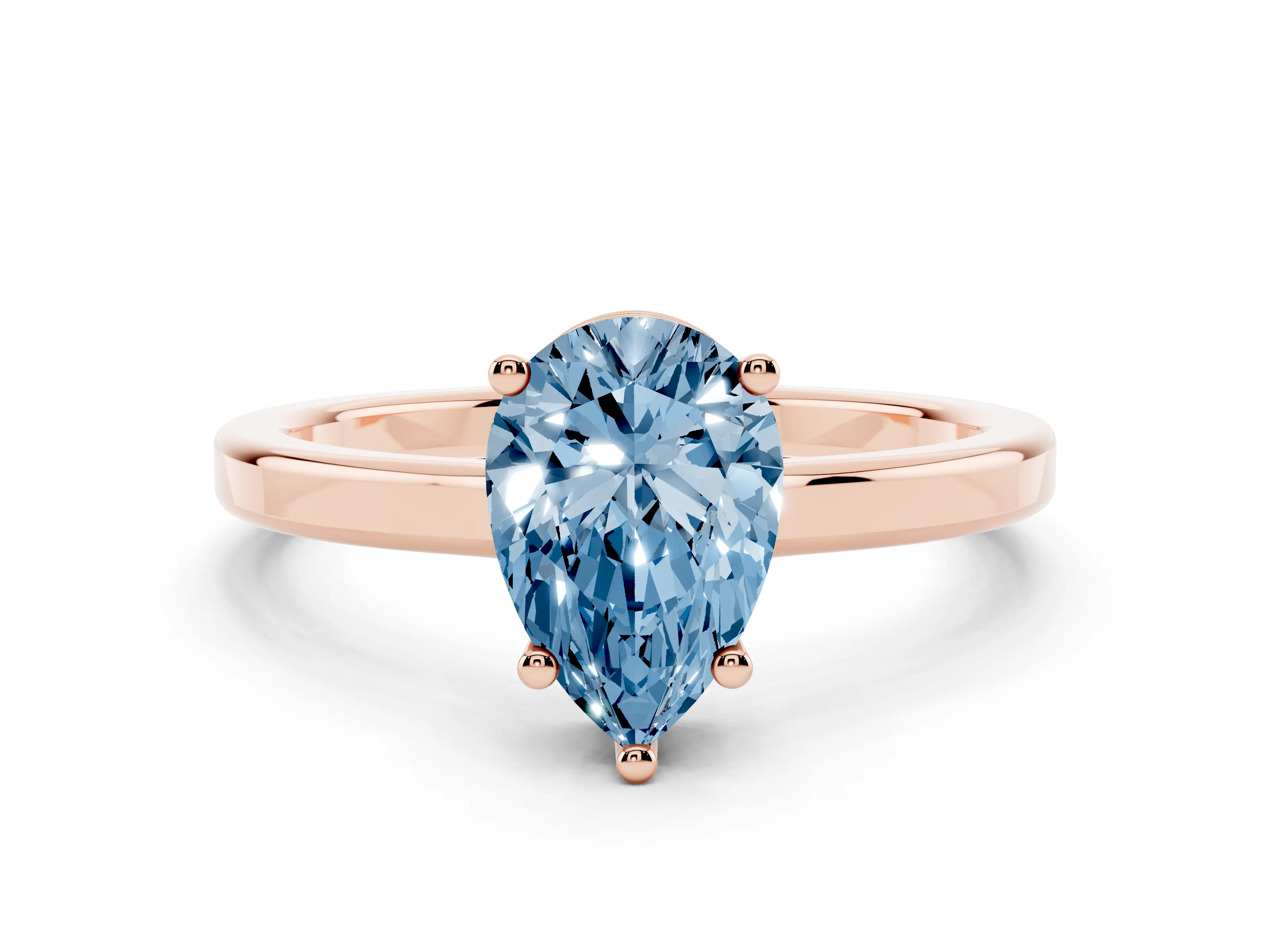Fancy Blue Pear Cut Diamond Solitaire Engagement Ring Set in Rose gold with Prong Setting on a Plain Band