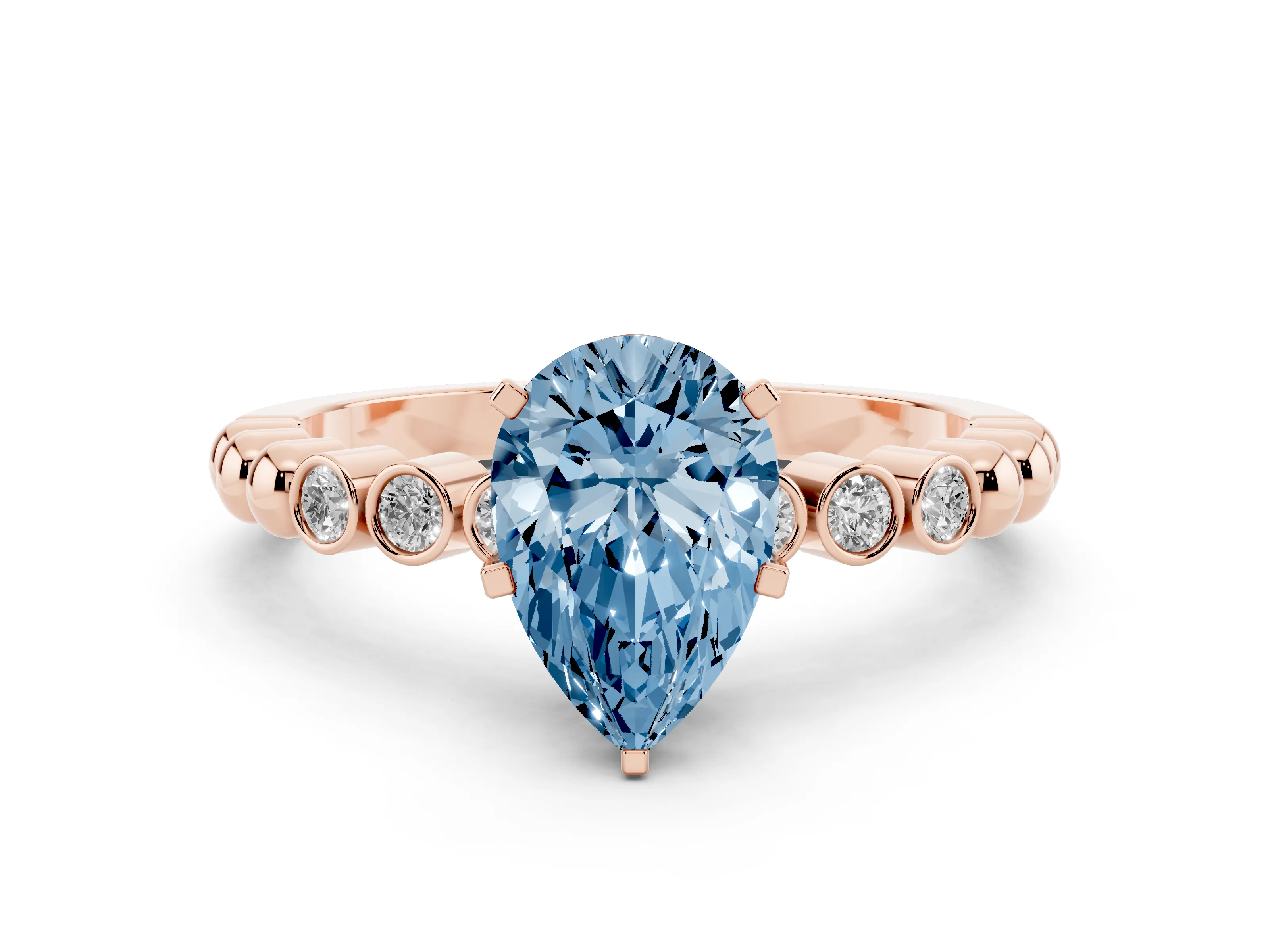 Fancy Blue Pear Cut Diamond Solitaire Engagement Ring Set in Rose gold with Bezel Accents on Beaded Band
