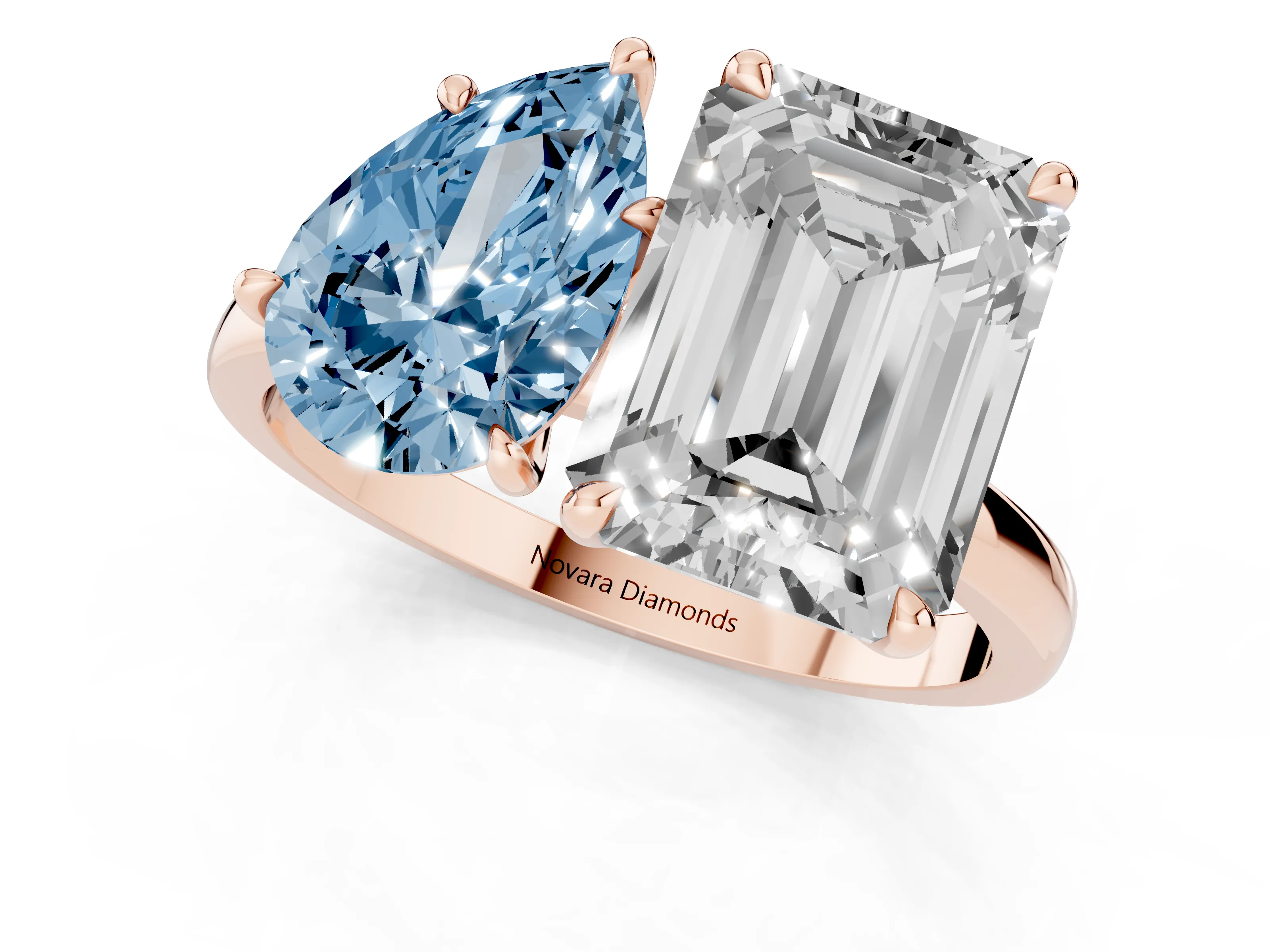 Fancy Blue Pear Cut and Emerald Cut Toi Moi Ring Set in Rose gold with Prong Setting