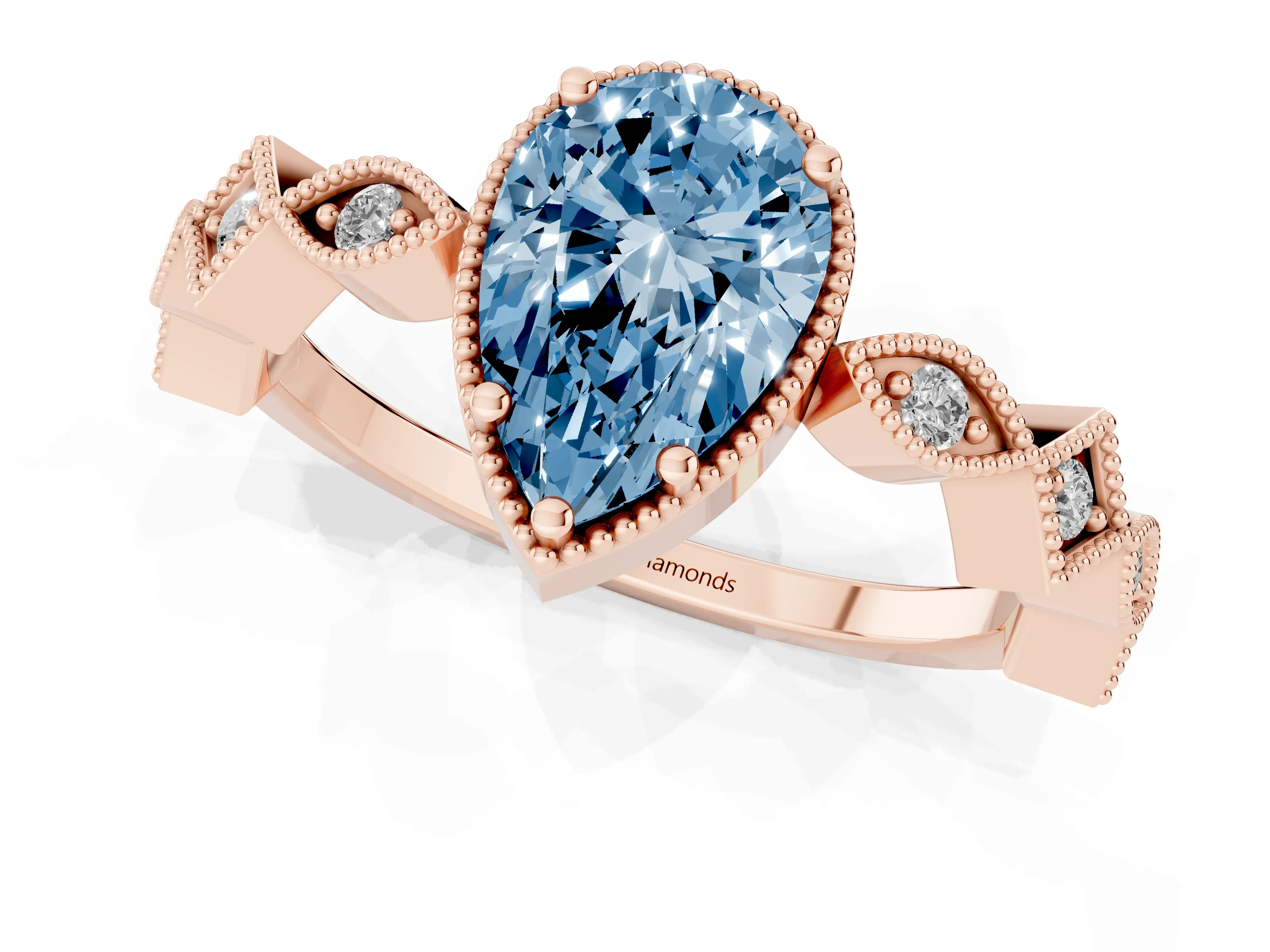 Fancy Blue Pear Cut Diamond Milgrain Marquise Twist Band Ring Set in Rose gold with Prong Setting