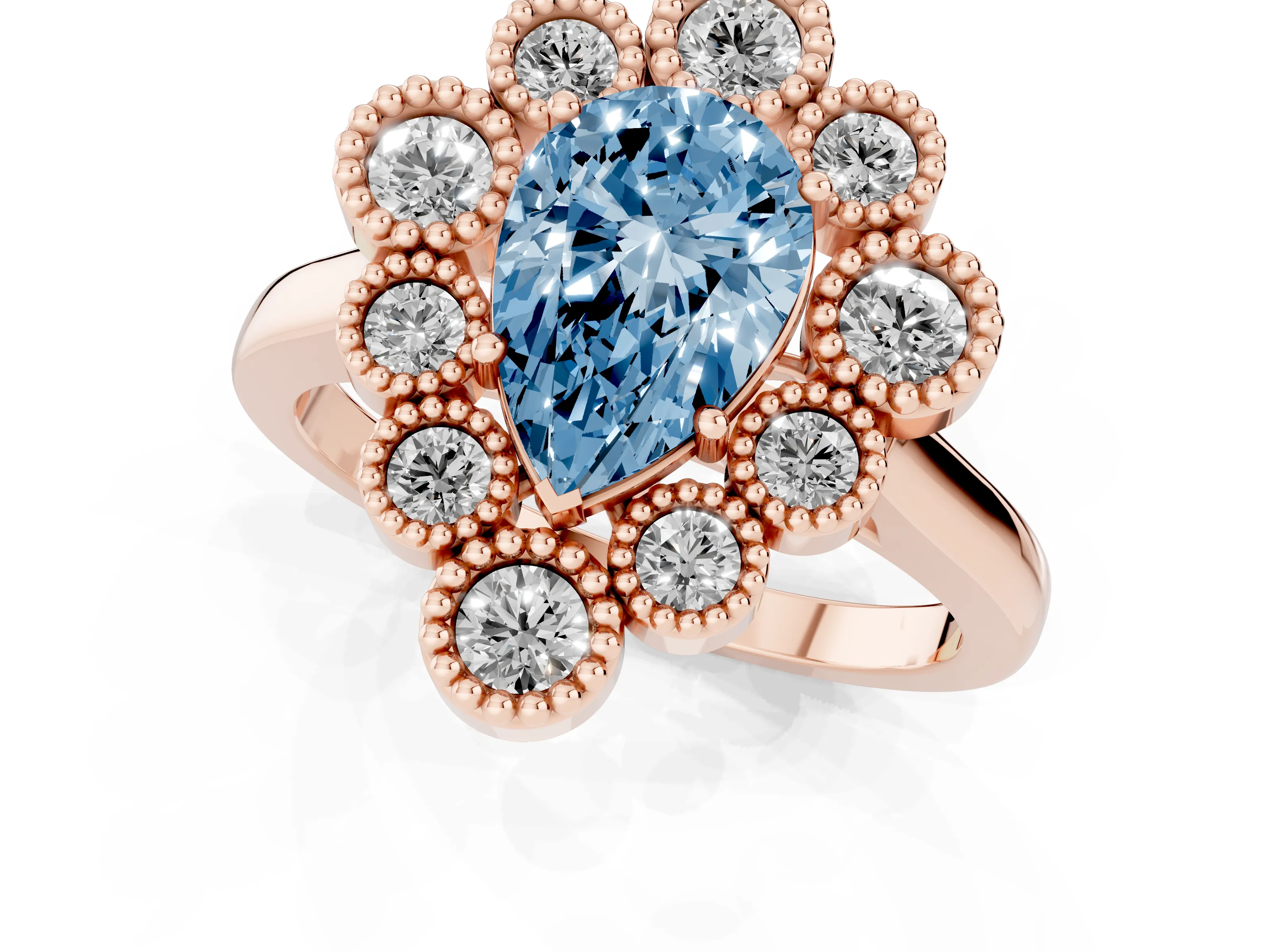 Fancy Blue Pear Cut Diamond Cluster Halo Ring Set in Rose gold with Milgrain Bezel Accents and Plain Band